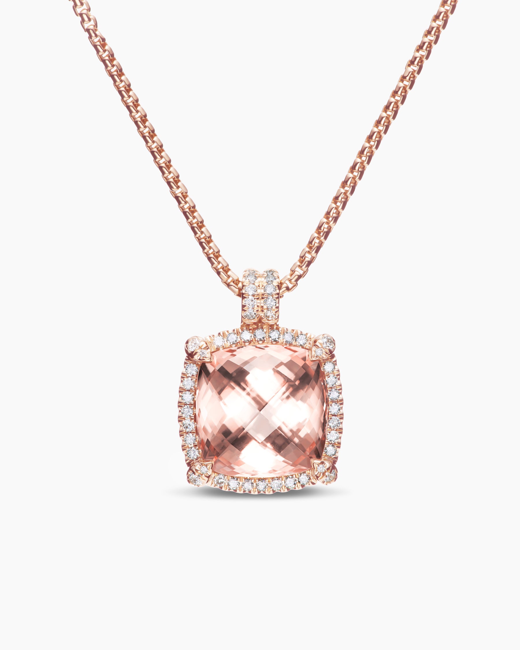 Chatelaine Pavé Bezel Pendant Necklace in 18K Rose Gold with Morganite and Diamonds, 14mm