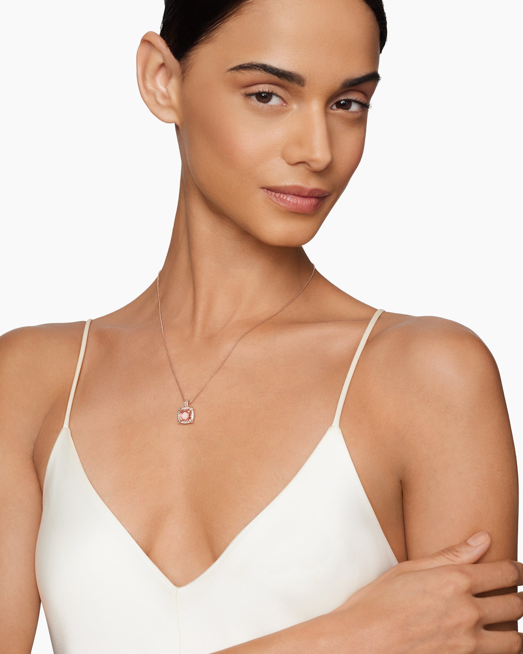 Alternative view of Chatelaine Pavé Bezel Pendant Necklace in 18K Rose Gold with Morganite and Diamonds, 9mm