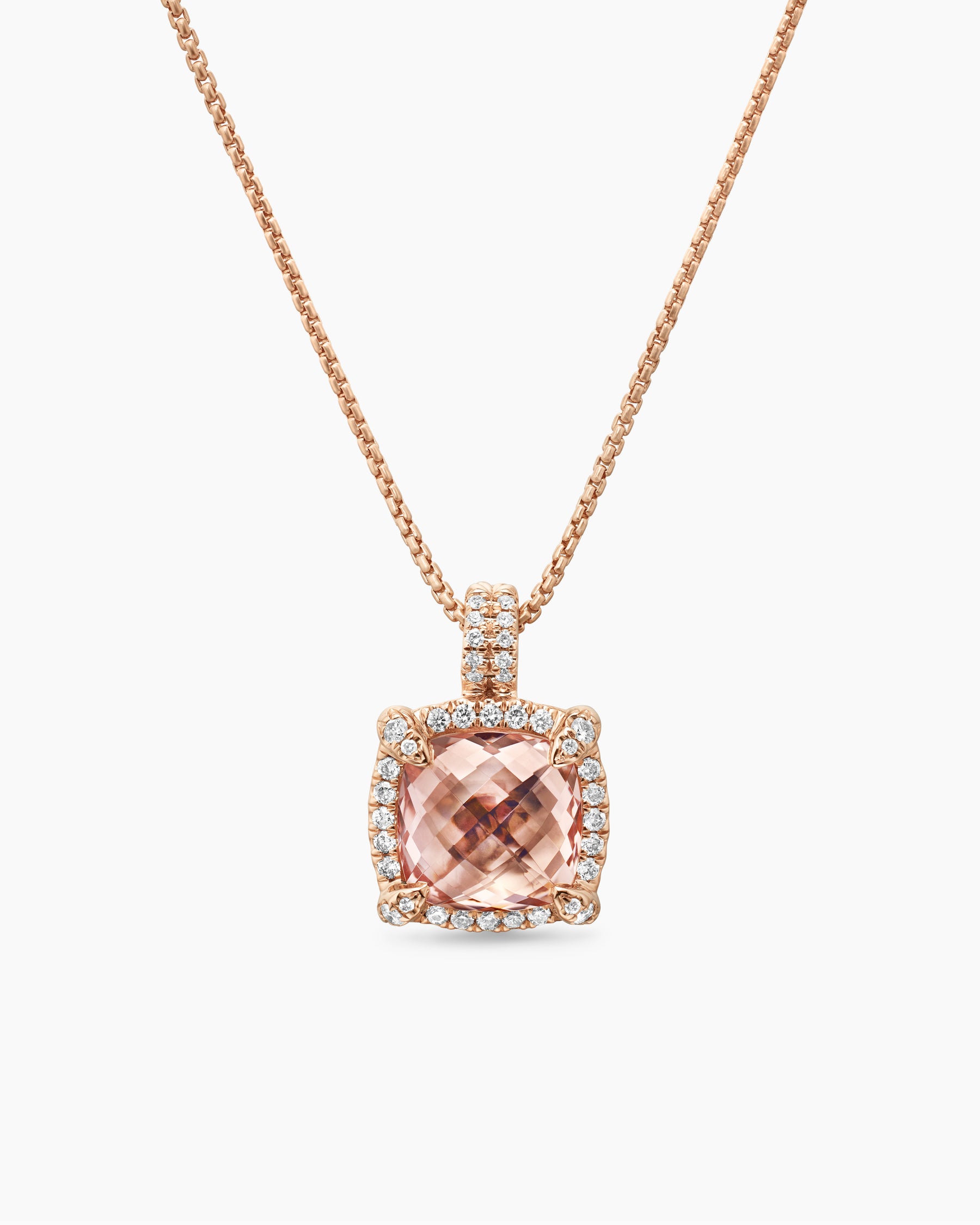 Chatelaine Pavé Bezel Pendant Necklace in 18K Rose Gold with Morganite and Diamonds, 9mm