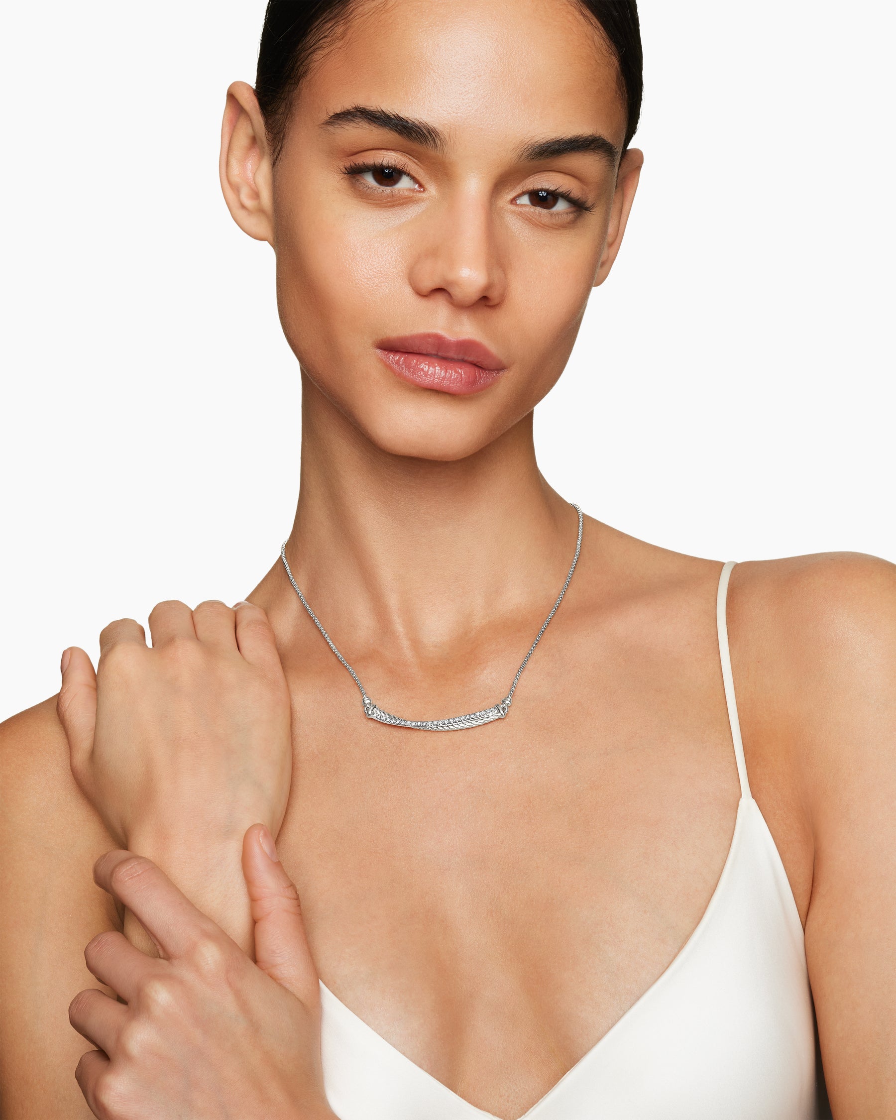Crossover Bar Necklace in Sterling Silver with Diamonds - Image 2