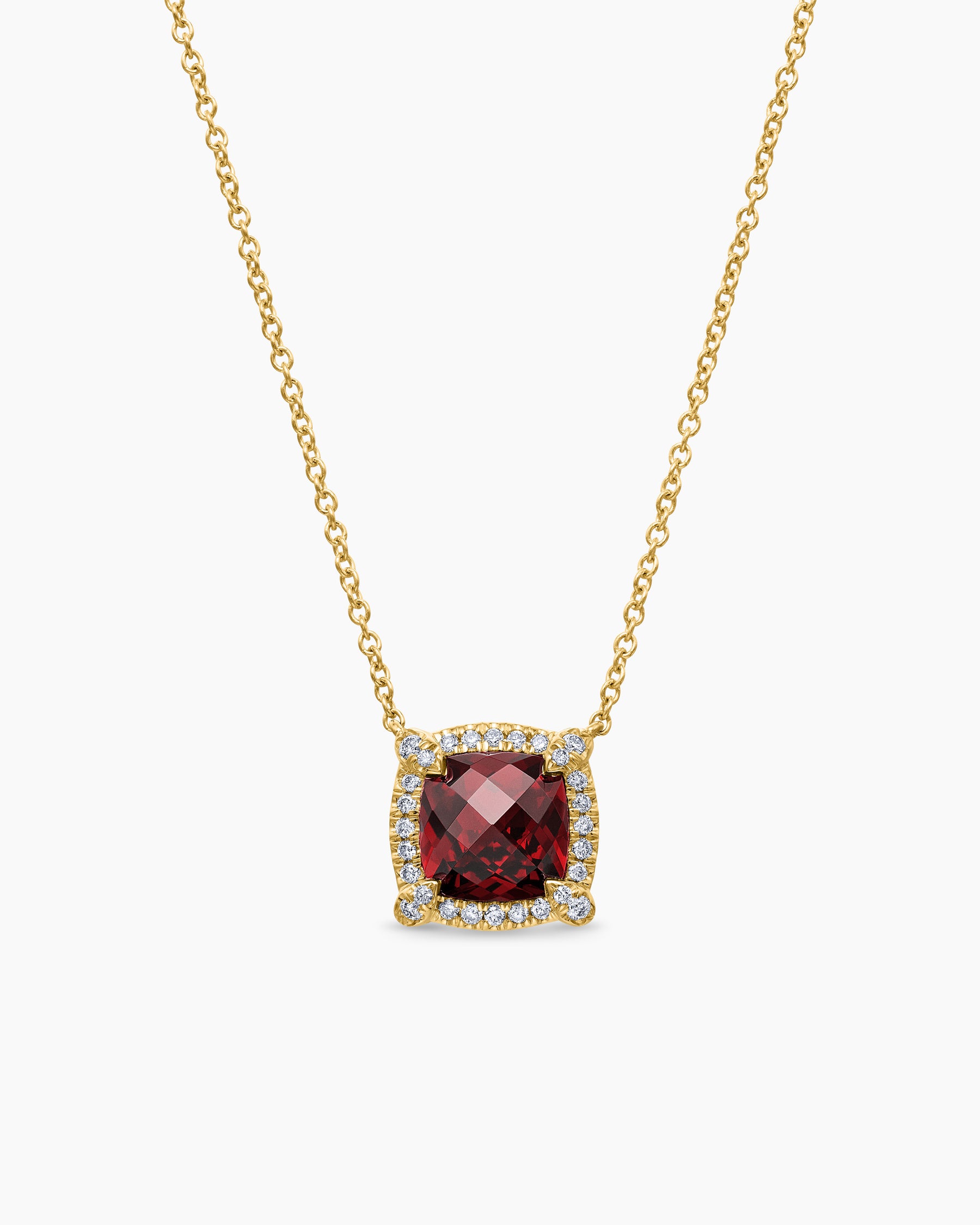 Petite Chatelaine Pavé Bezel Pendant Necklace in 18K Yellow Gold with Garnet and Diamonds, 7mm