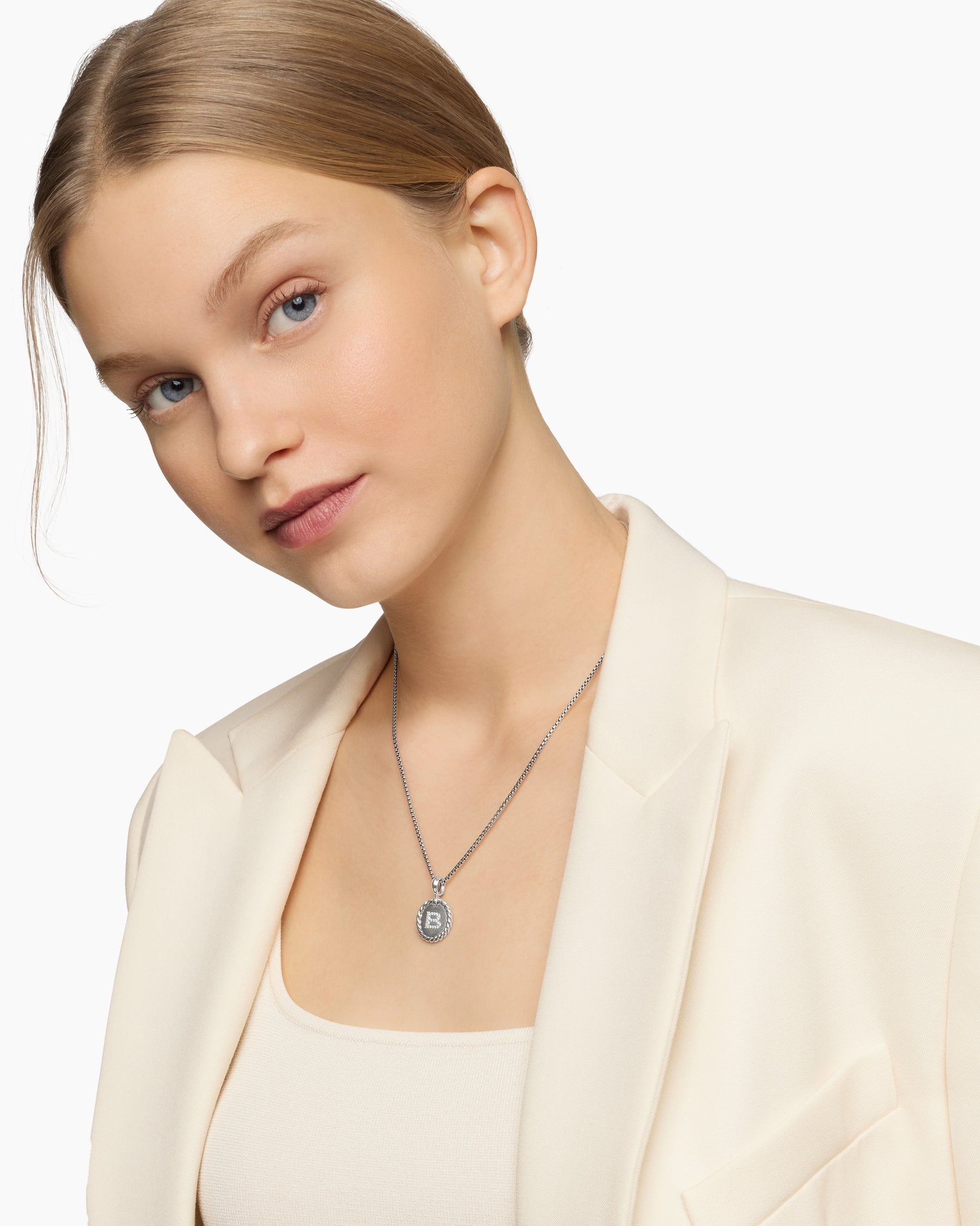 Alternative view of Initial Charm Necklace in Sterling Silver with Diamond B