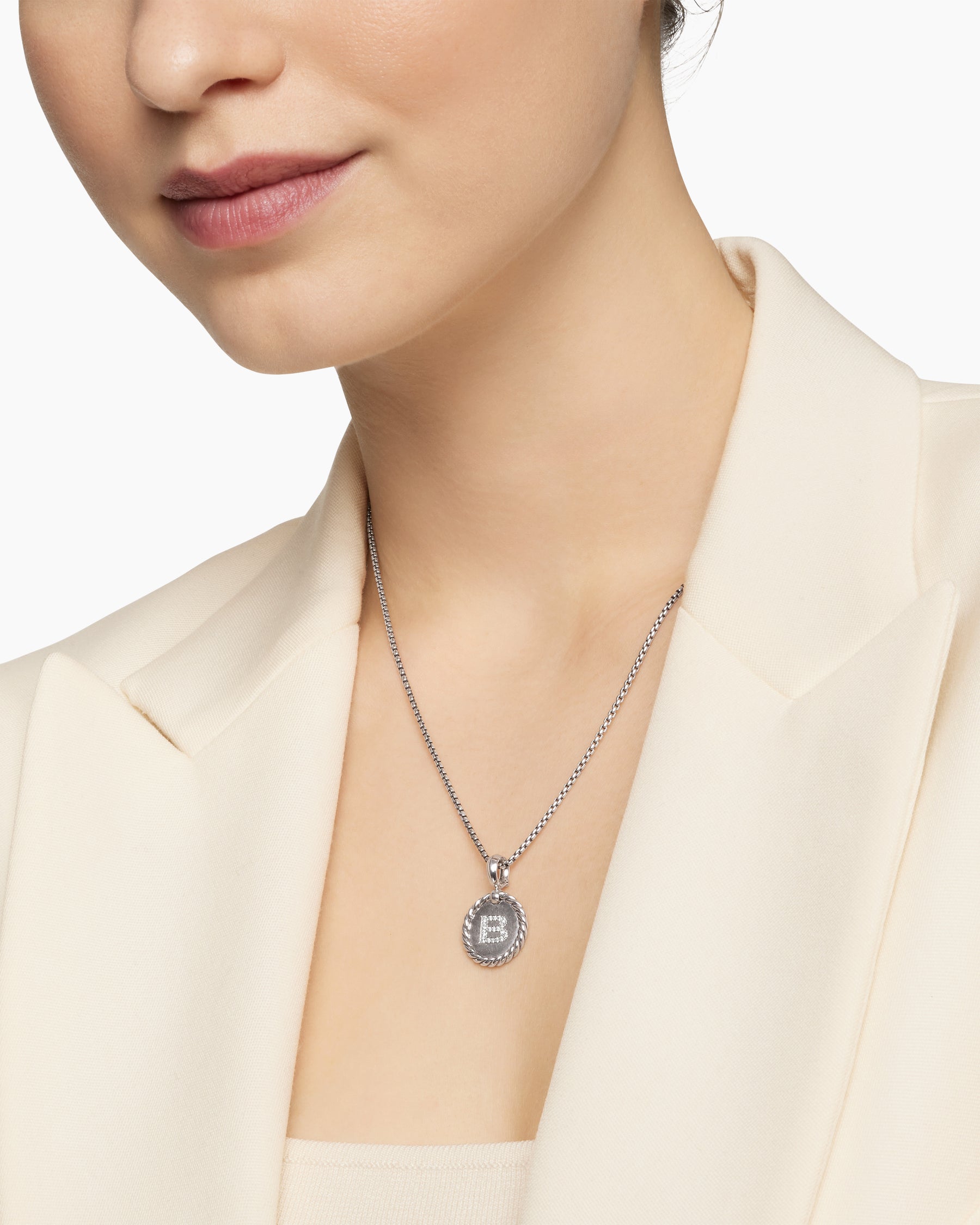 Initial Charm Necklace in Sterling Silver with Diamond B - Image 6