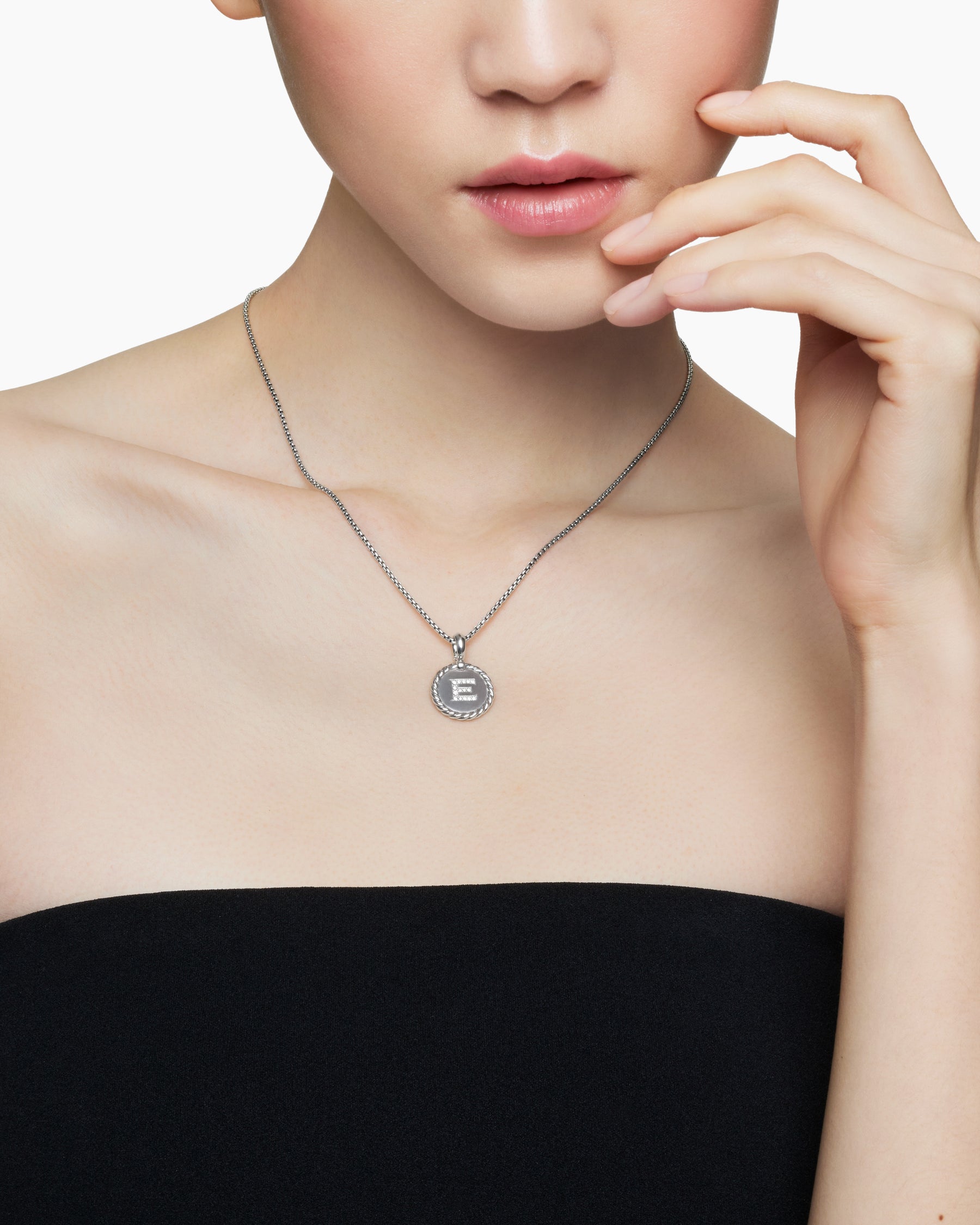 Initial Charm Necklace in Sterling Silver with Diamond E - Image 6