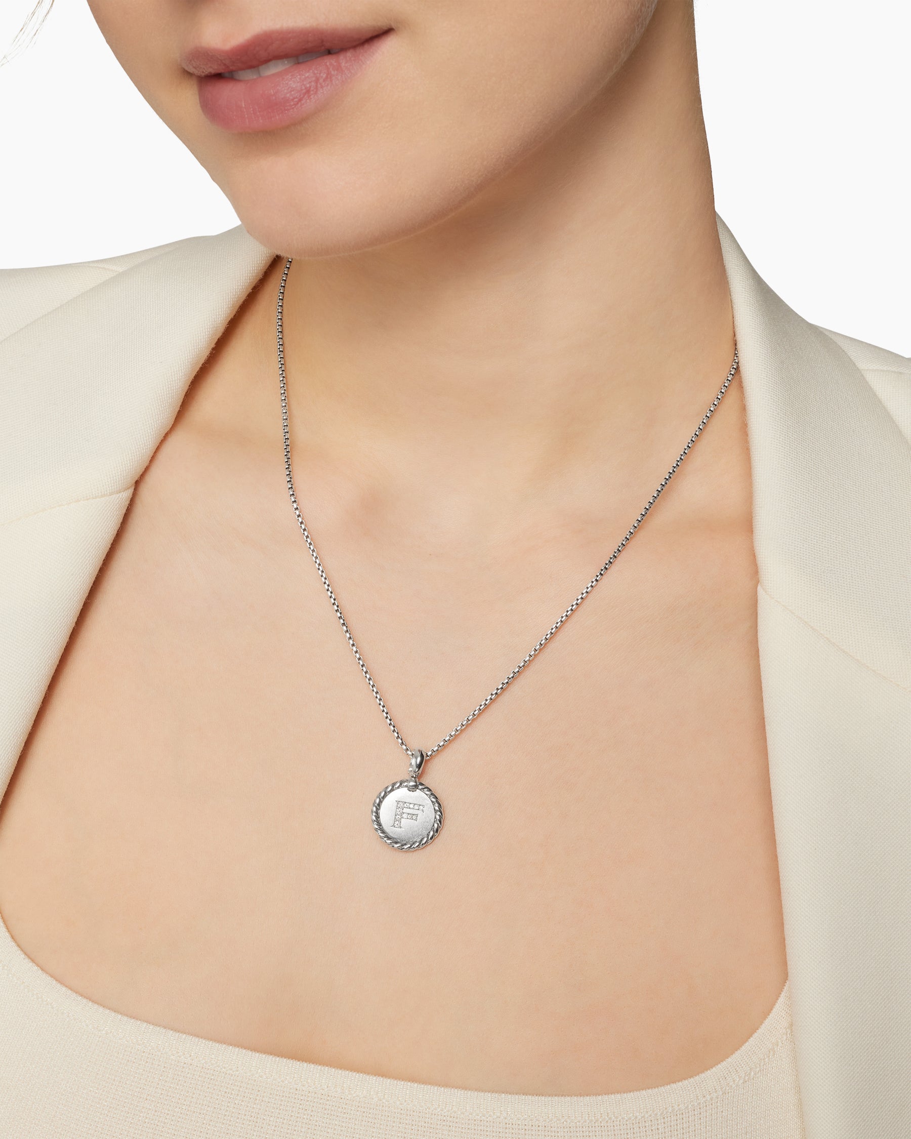 Alternative view of Initial Charm Necklace in Sterling Silver with Diamond F
