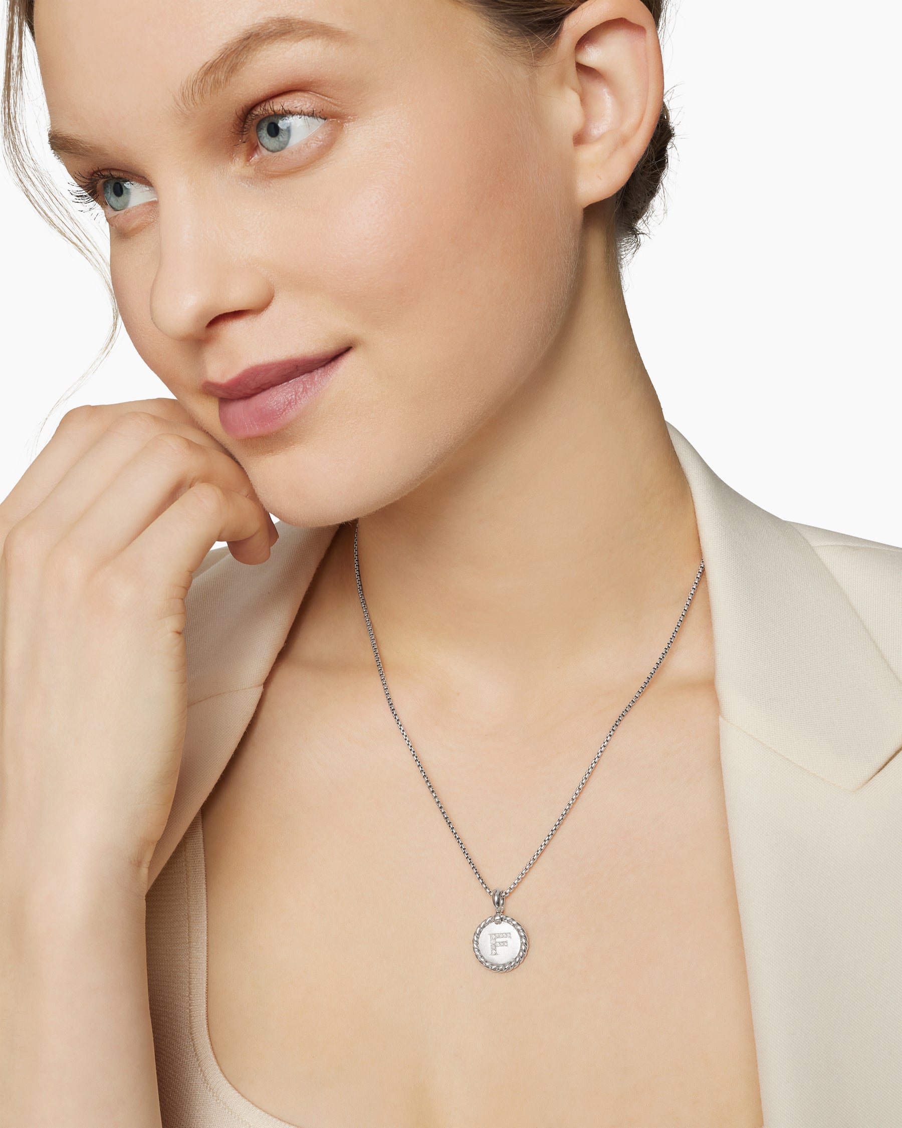 Initial Charm Necklace in Sterling Silver with Diamond F - Image 6