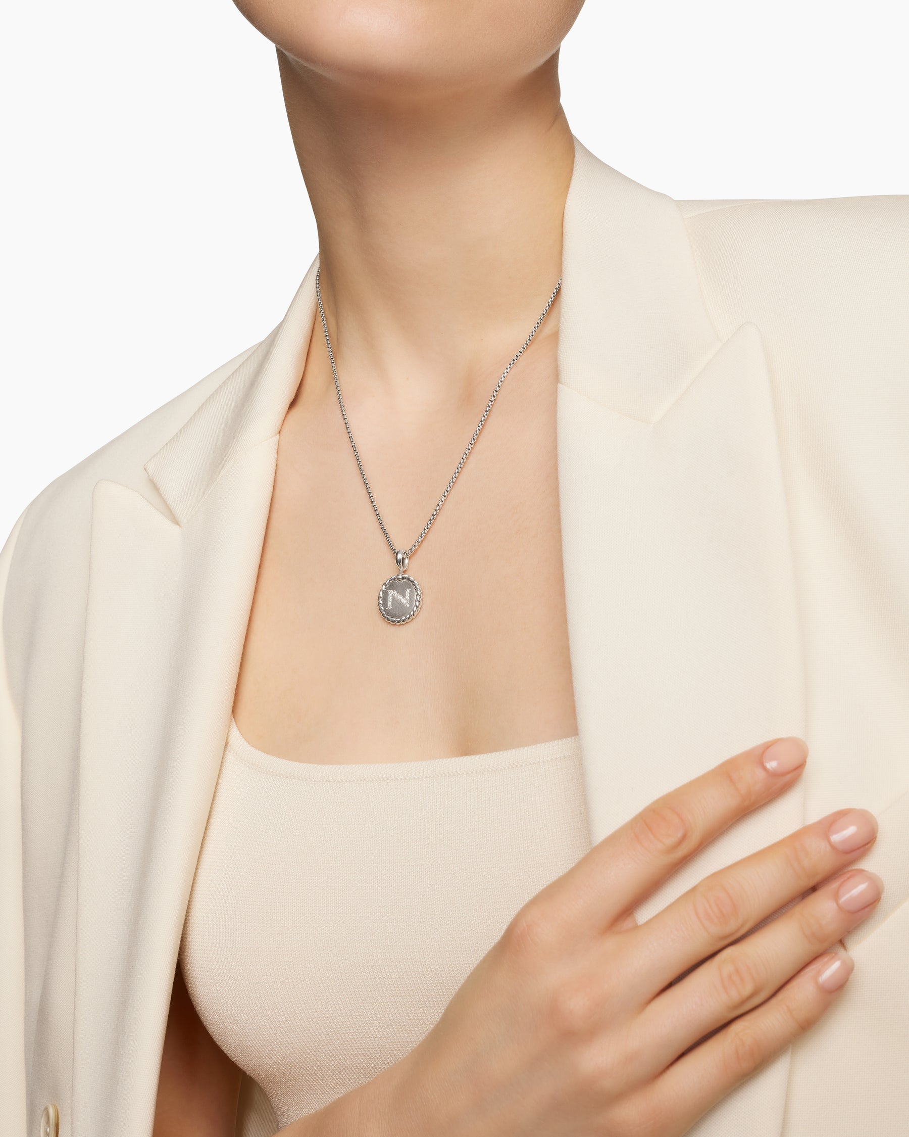 Initial Charm Necklace in Sterling Silver with Diamond N - Image 6