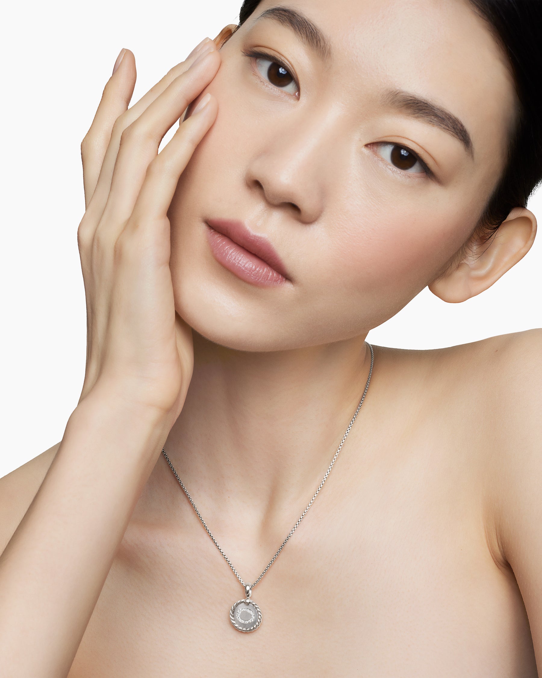 Initial Charm Necklace in Sterling Silver with Diamond O - Image 2