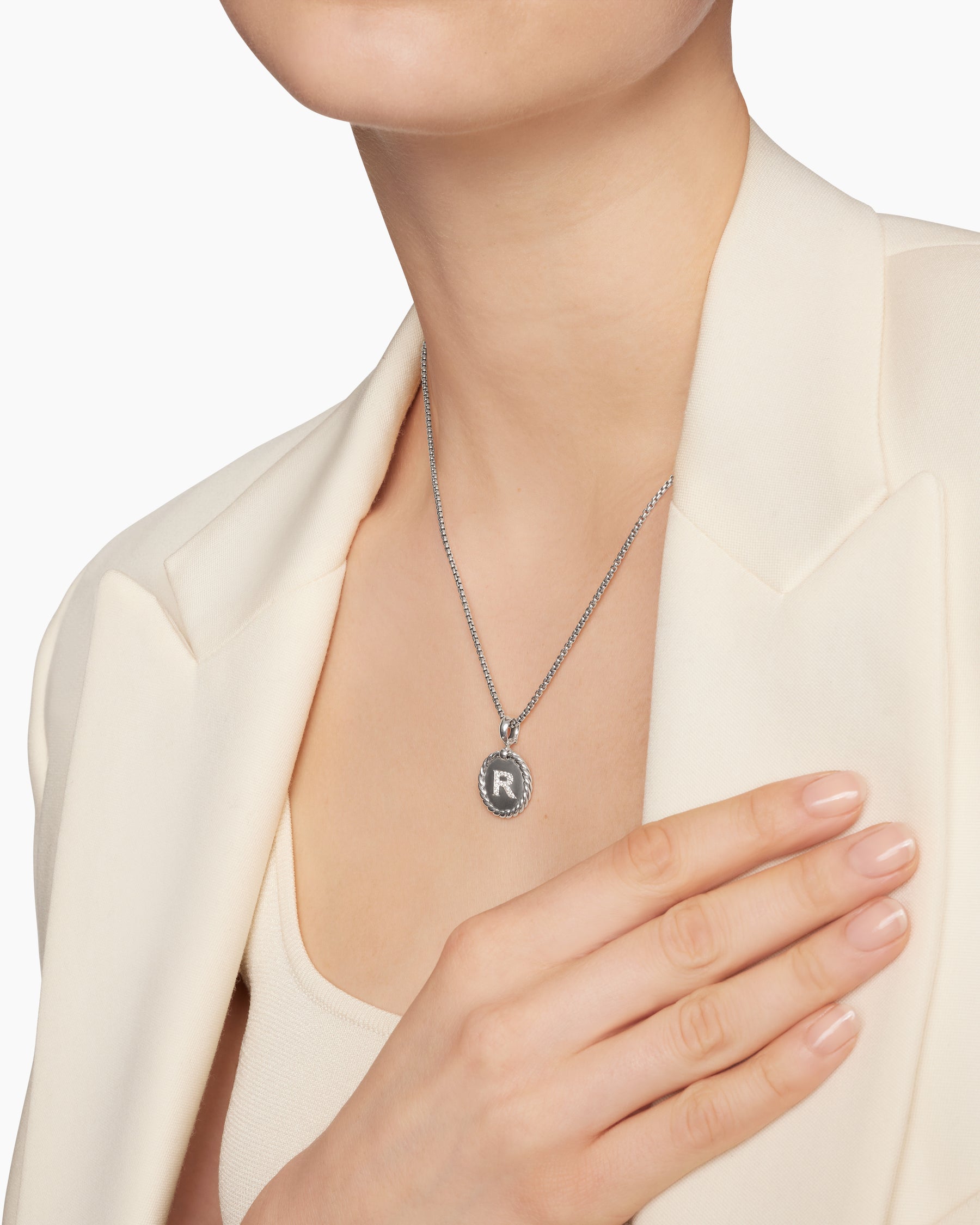 Initial Charm Necklace in Sterling Silver with Diamond R - Image 6