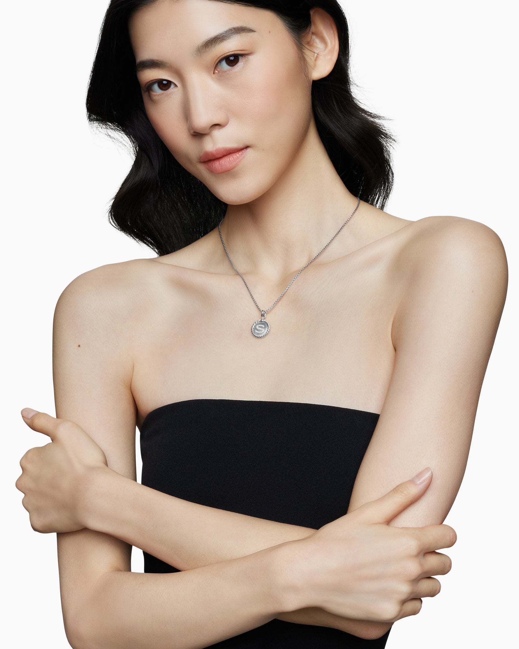 Initial Charm Necklace in Sterling Silver with Diamond S - Image 2