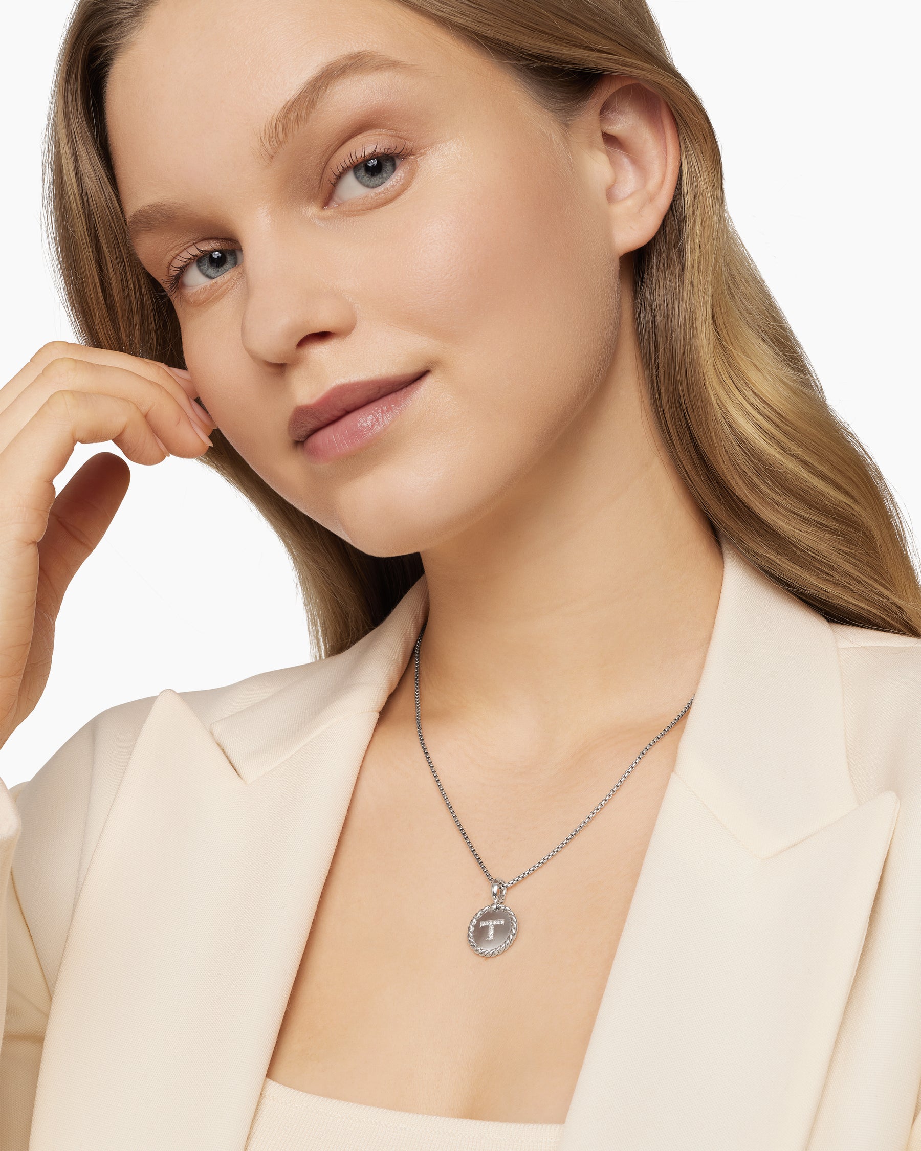 Initial Charm Necklace in Sterling Silver with Diamond T - Image 6