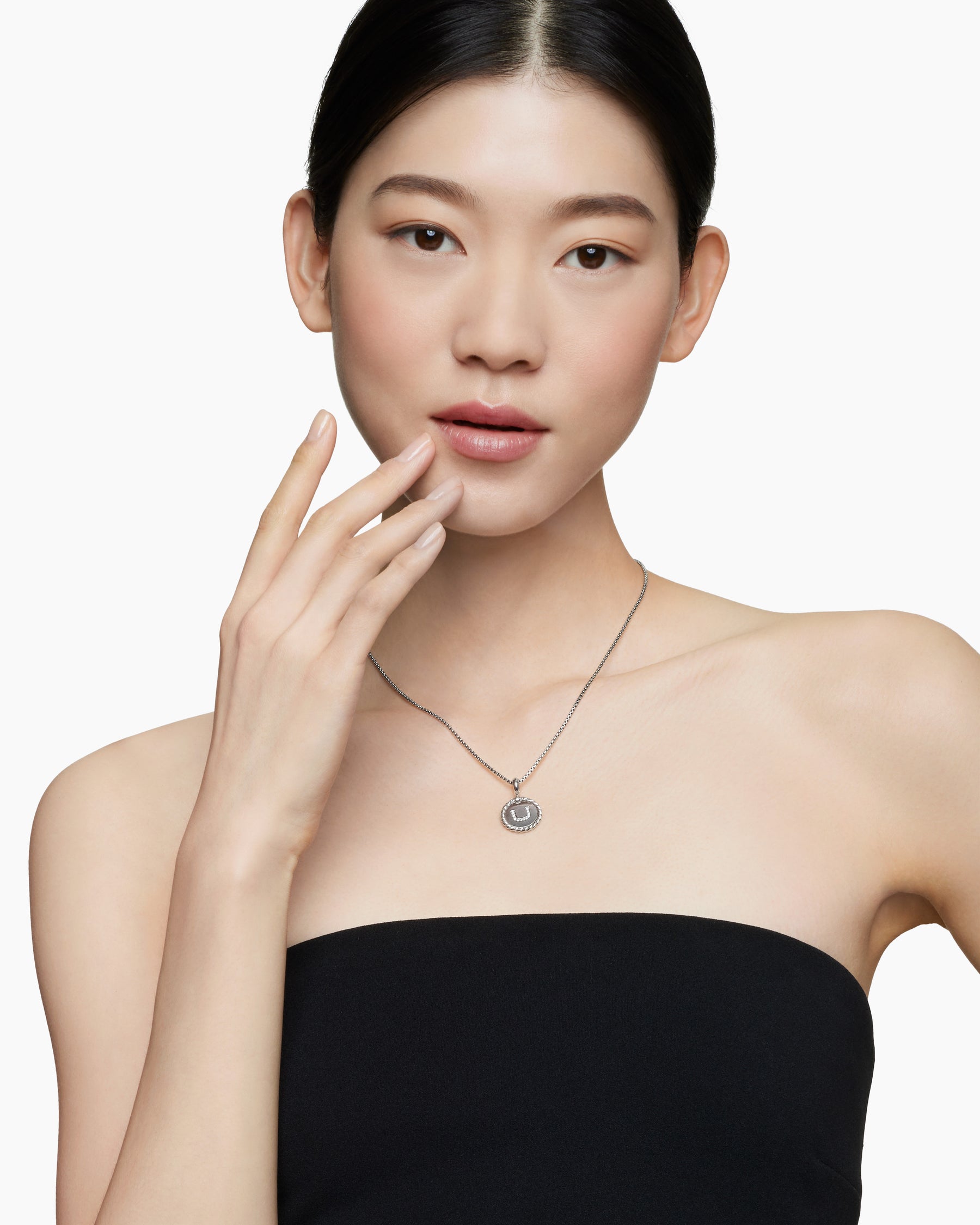 Alternative view of Initial Charm Necklace in Sterling Silver with Diamond U