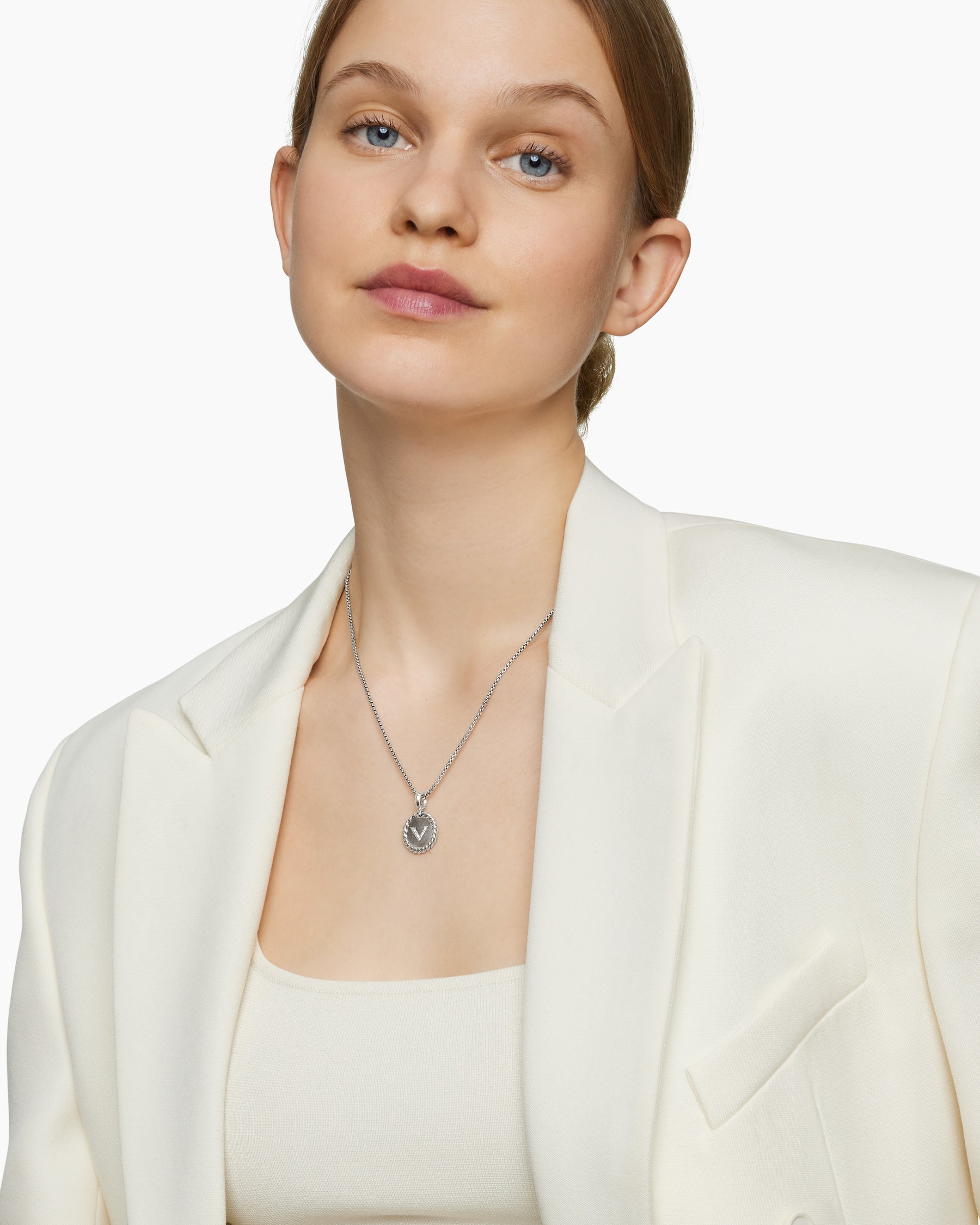 Alternative view of Initial Charm Necklace in Sterling Silver with Diamond V
