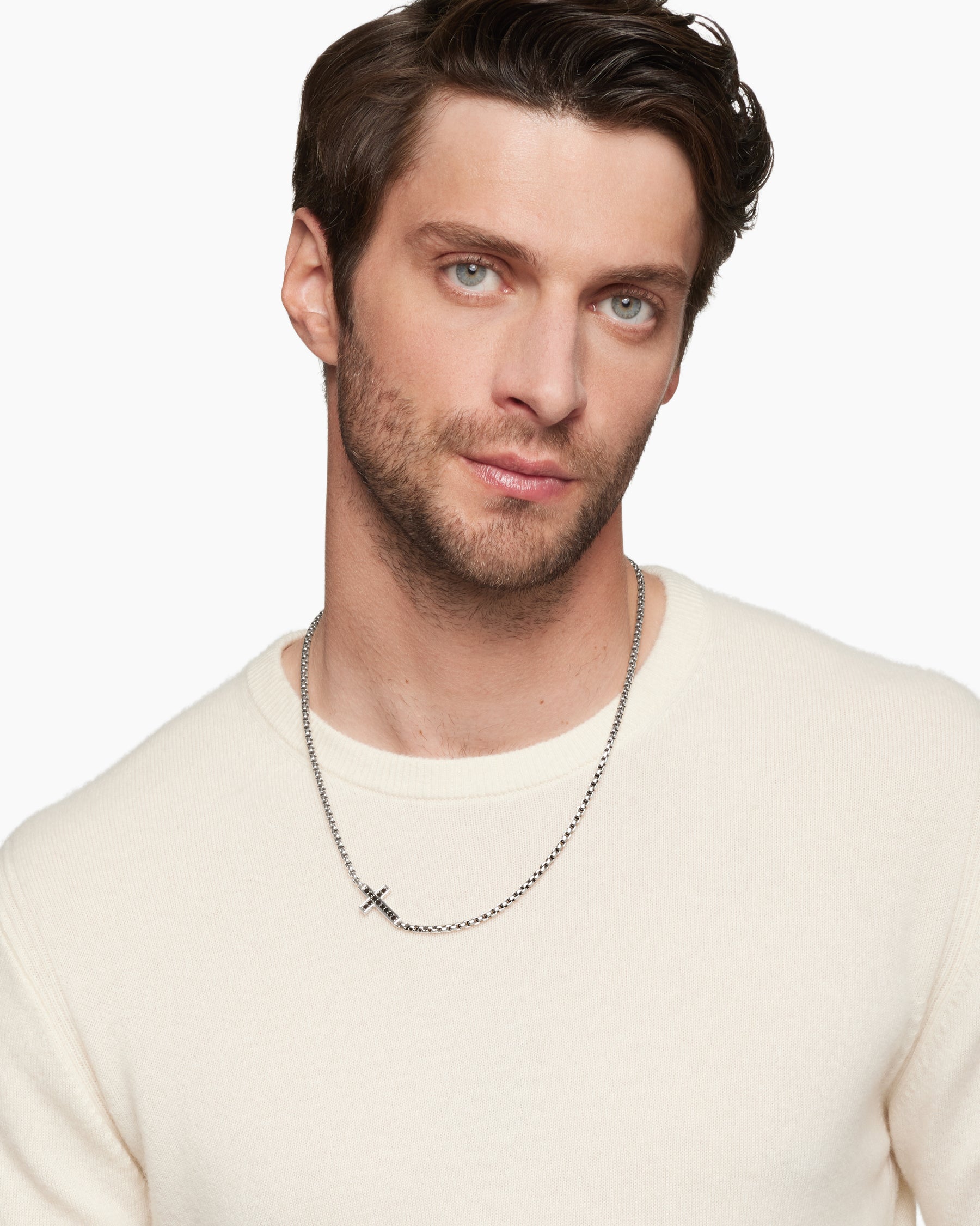 Alternative view of Cross Station Necklace in Sterling Silver with Black Diamonds, 3.4mm