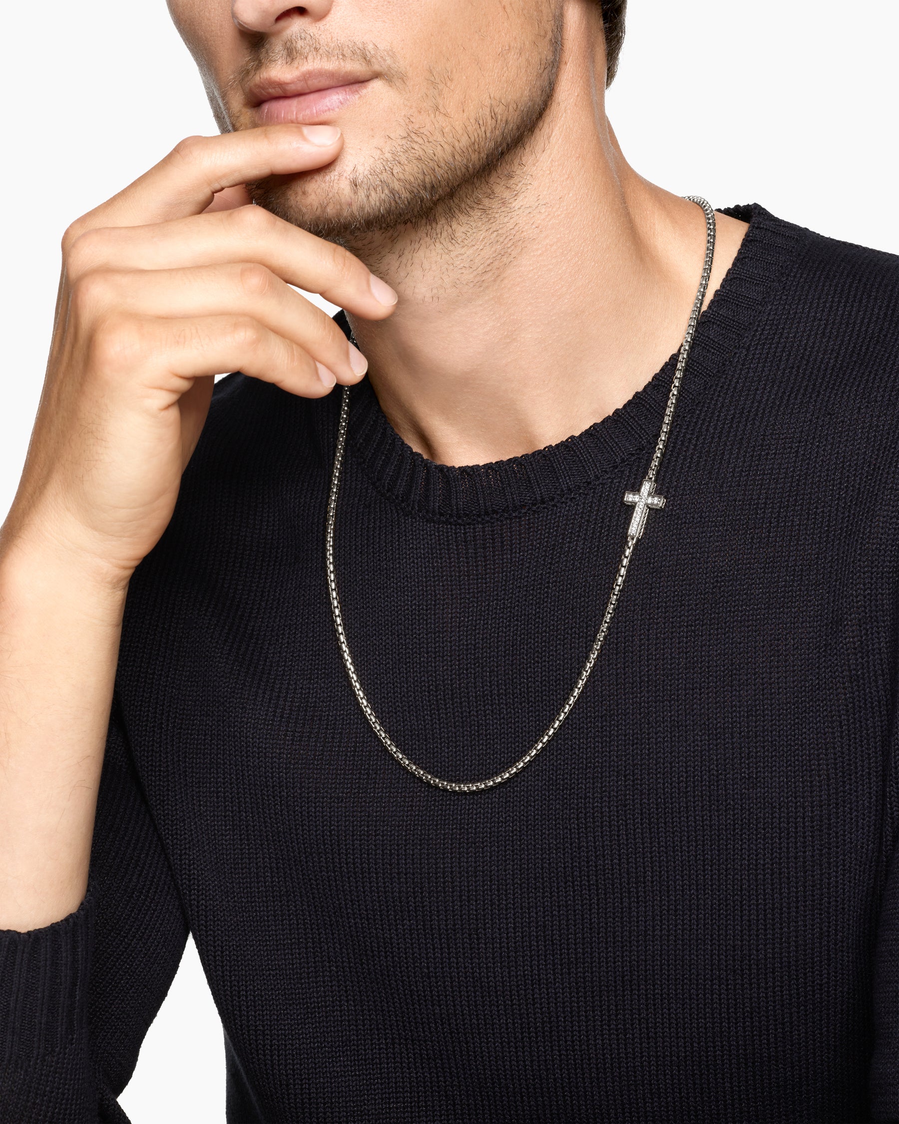 Alternative view of Cross Station Necklace in Sterling Silver with Diamonds, 3.4mm