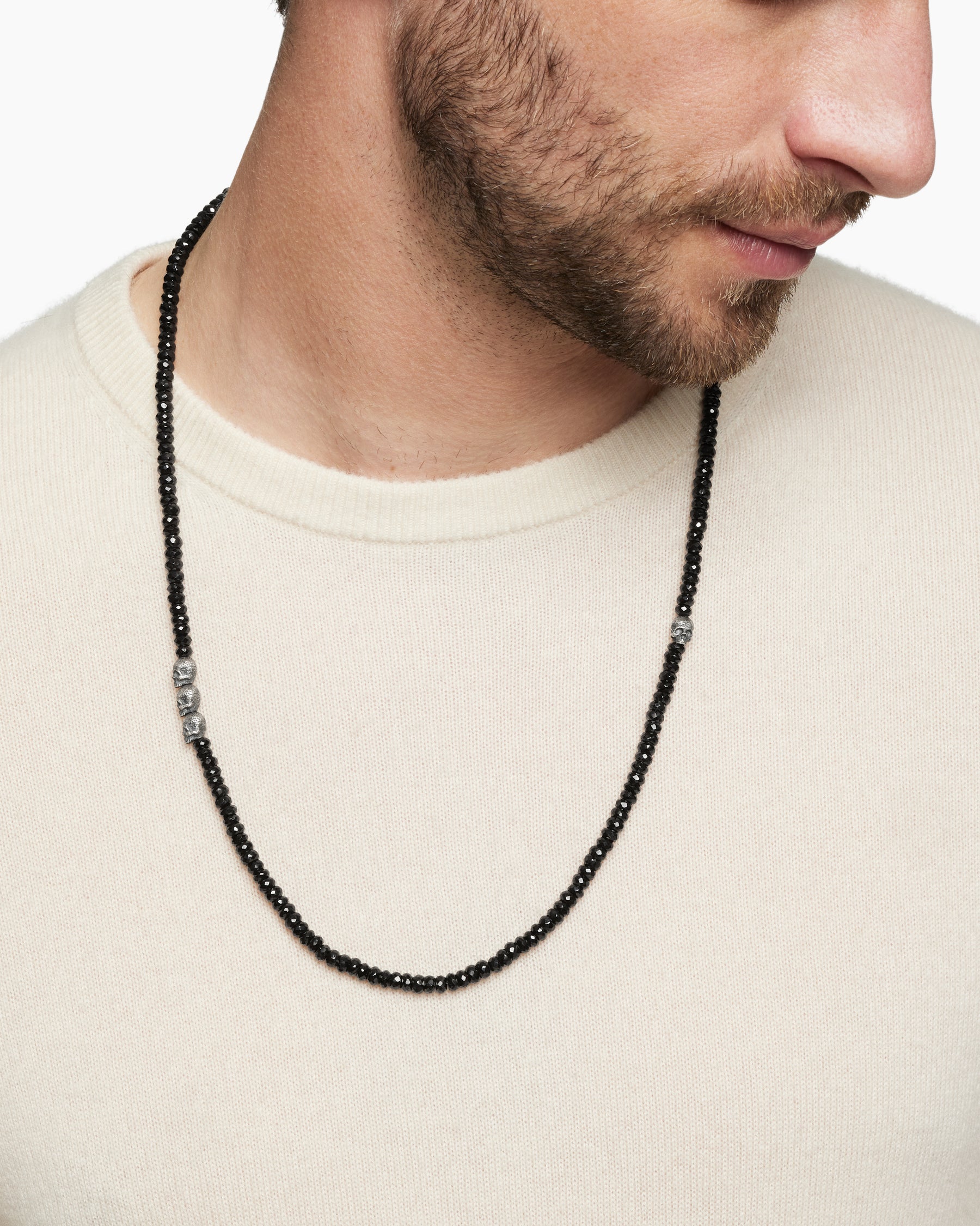 Alternative view of Memento Mori Skull Station Necklace in Sterling Silver with Black Spinel, 6mm