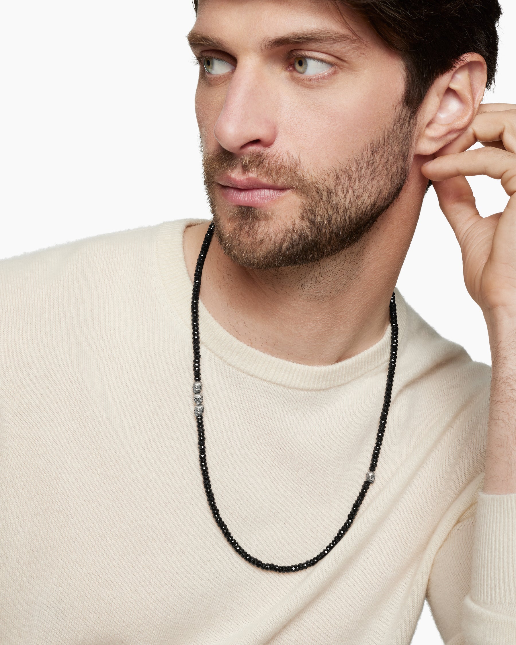 Memento Mori Skull Station Necklace in Sterling Silver with Black Spinel, 6mm - Image 6
