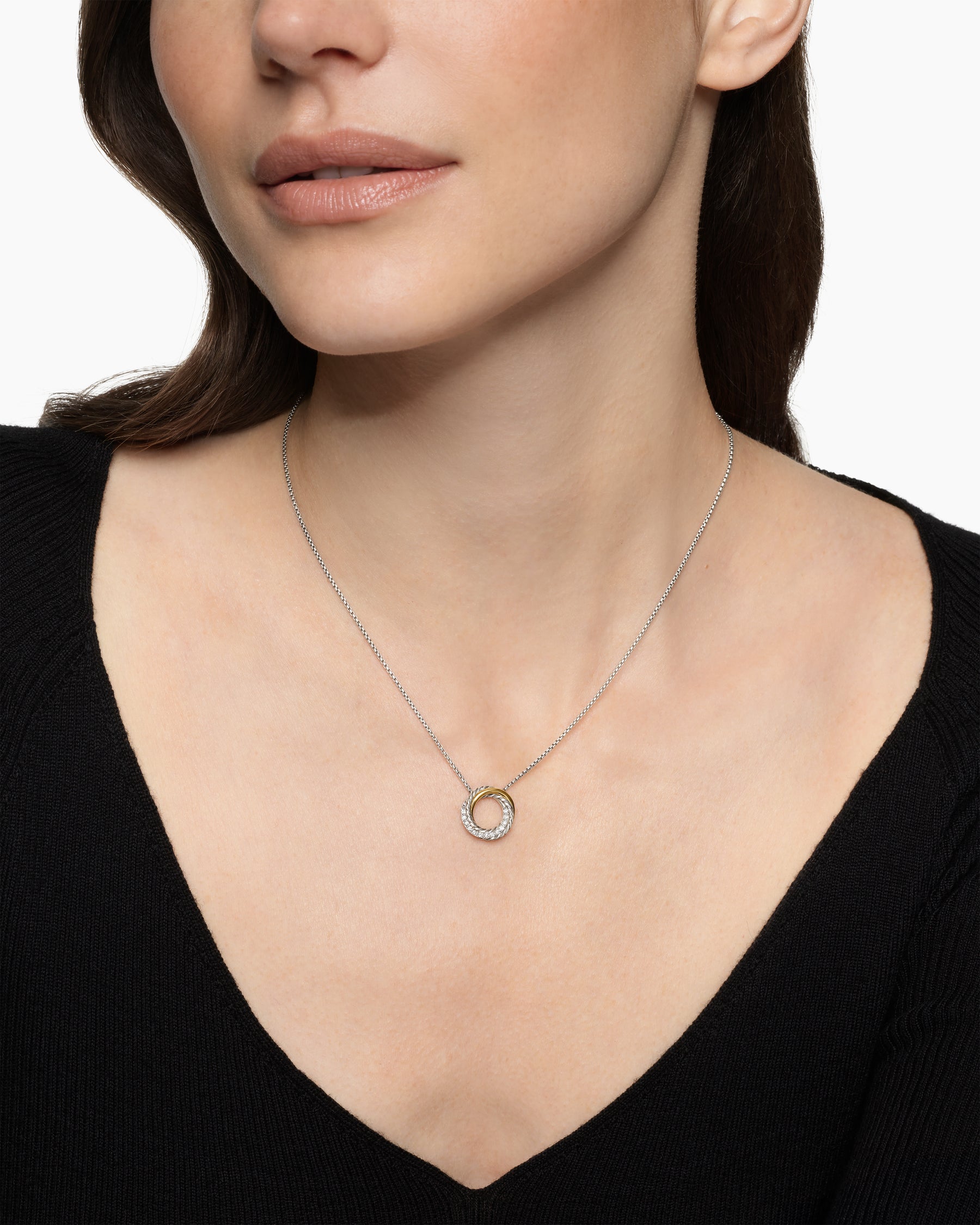 Alternative view of Crossover Pendant Necklace in Sterling Silver with 18K Yellow Gold and Diamonds, 14.5mm