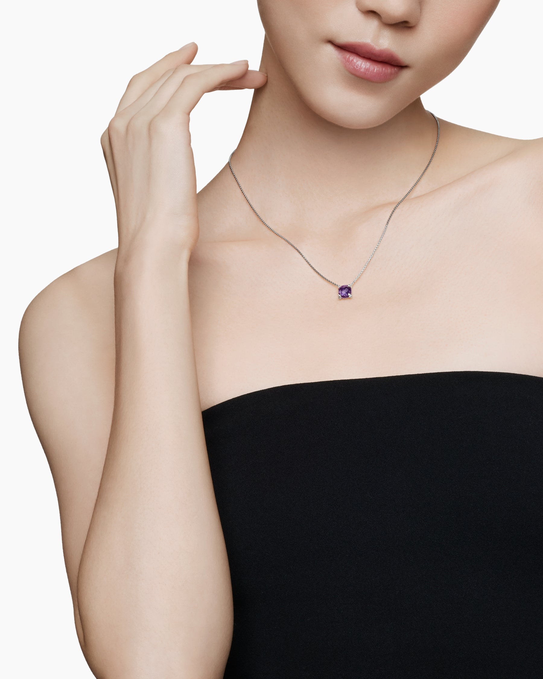 Alternative view of Petite Chatelaine Pendant Necklace in Sterling Silver with Amethyst and Diamonds, 9mm