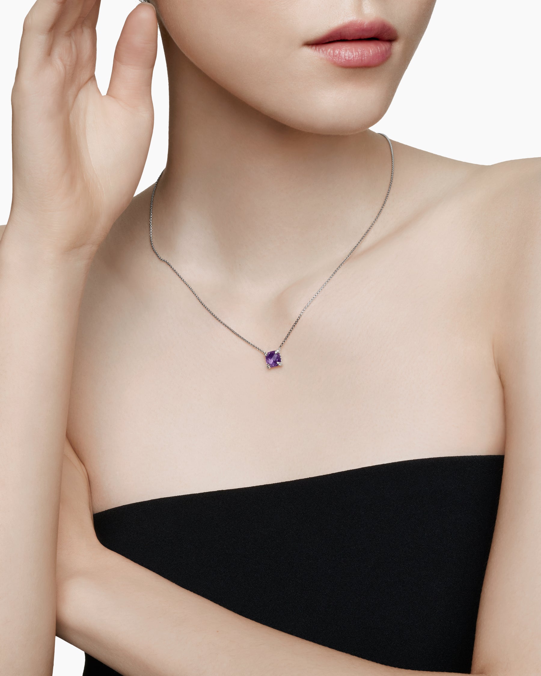 Petite Chatelaine Pendant Necklace in Sterling Silver with Amethyst and Diamonds, 9mm - Image 6
