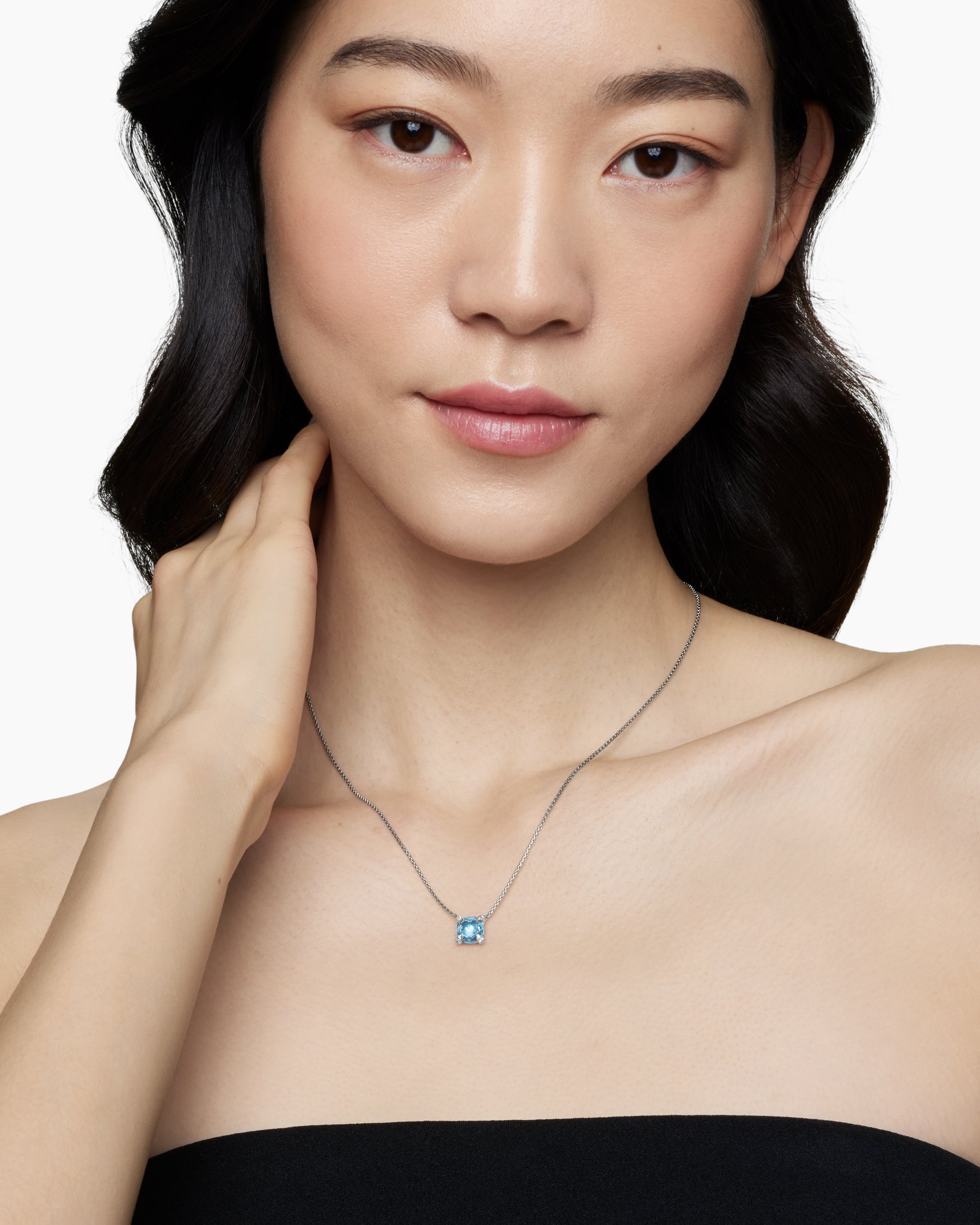 Petite Chatelaine Pendant Necklace in Sterling Silver with Blue Topaz and Diamonds, 9mm - Image 6