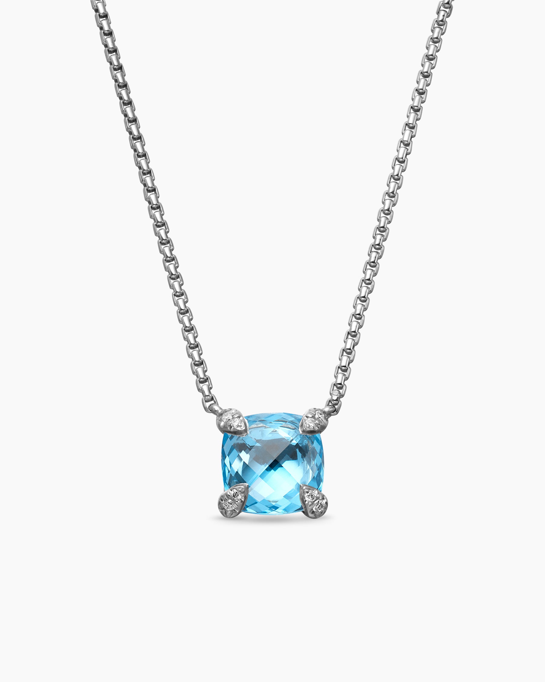 Petite Chatelaine Pendant Necklace in Sterling Silver with Blue Topaz and Diamonds, 9mm