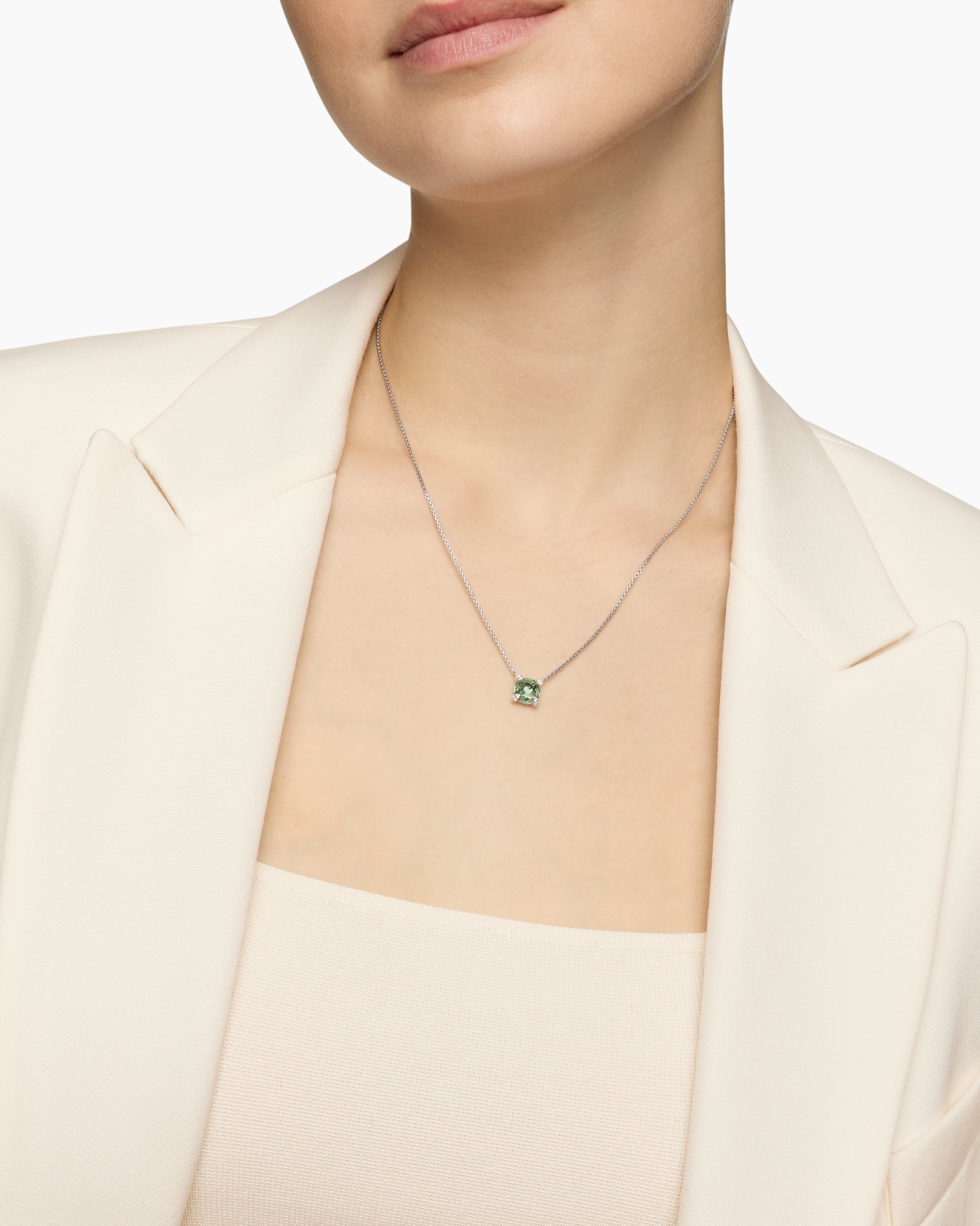 Petite Chatelaine Pendant Necklace in Sterling Silver with Prasiolite and Diamonds, 9mm - Image 6