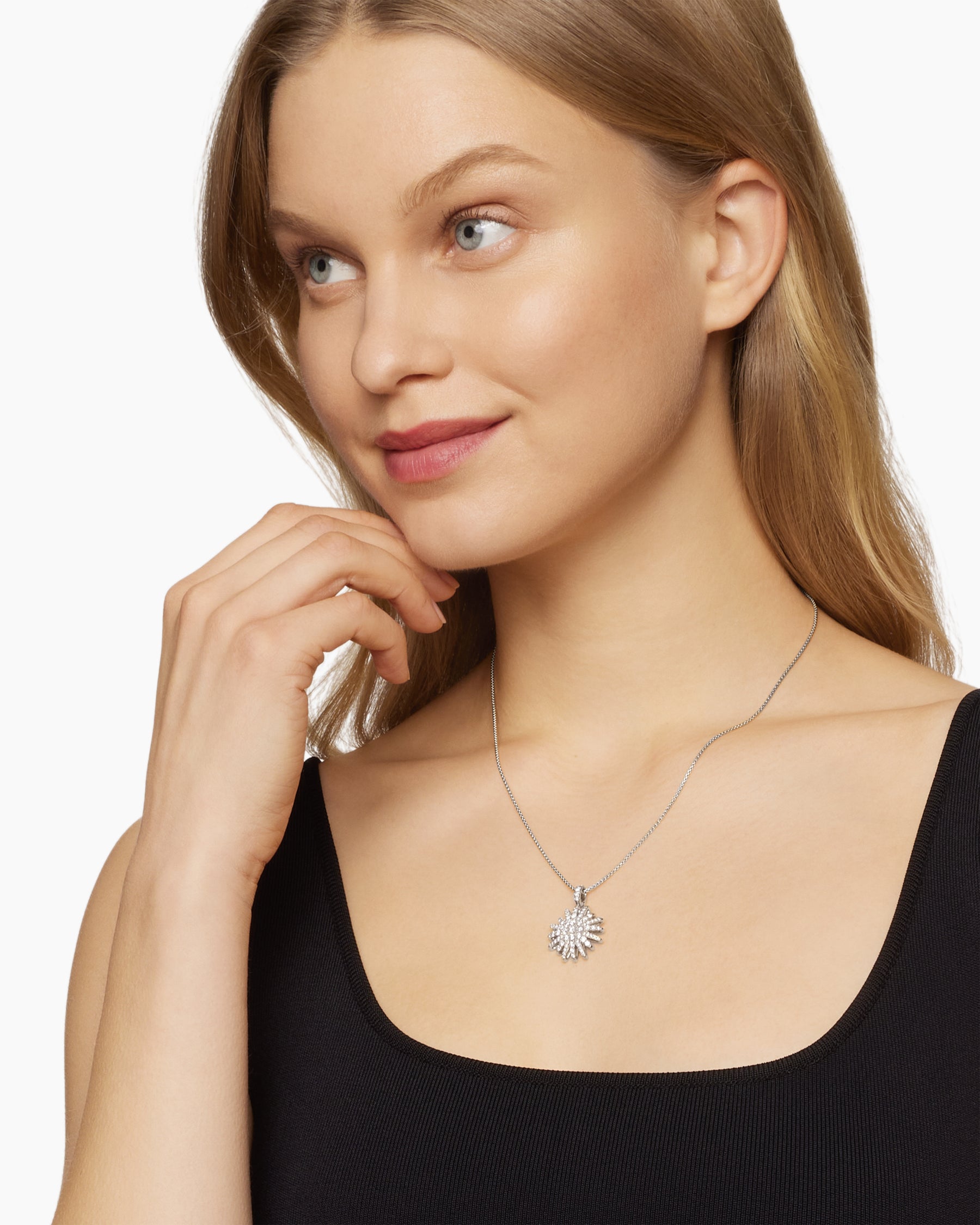 Alternative view of Starburst Pendant Necklace in 18K White Gold with Diamonds, 20mm