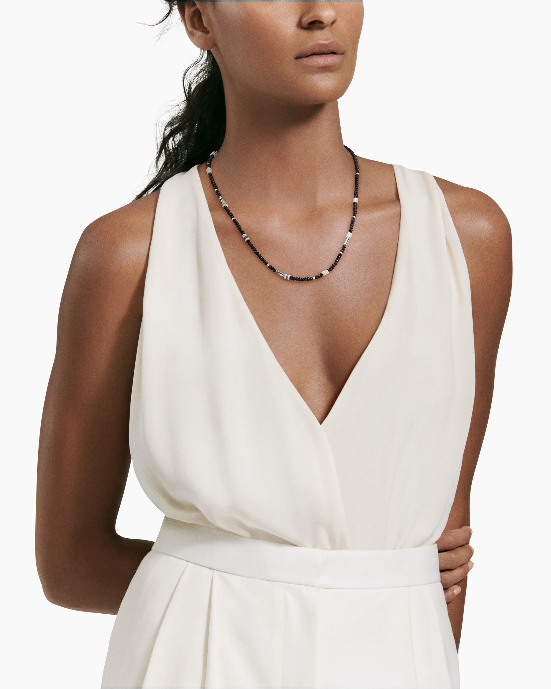 Alternative view of Color Bead Necklace in Sterling Silver with 18K Yellow Gold Accents, Black Onyx and Opal, 4mm