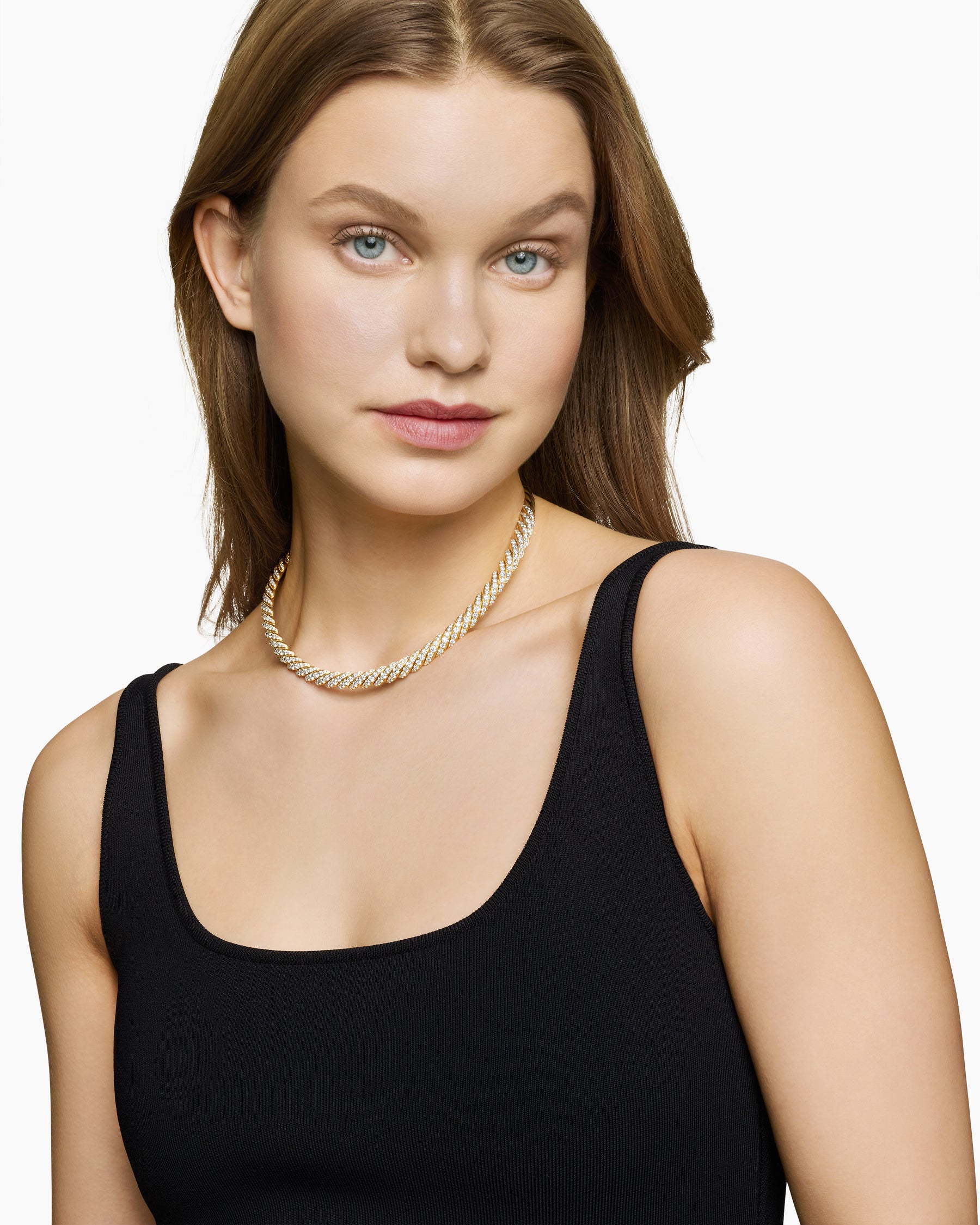 Alternative view of Sculpted Cable Flex Necklace in 18K Yellow Gold with Diamonds, 7.5mm