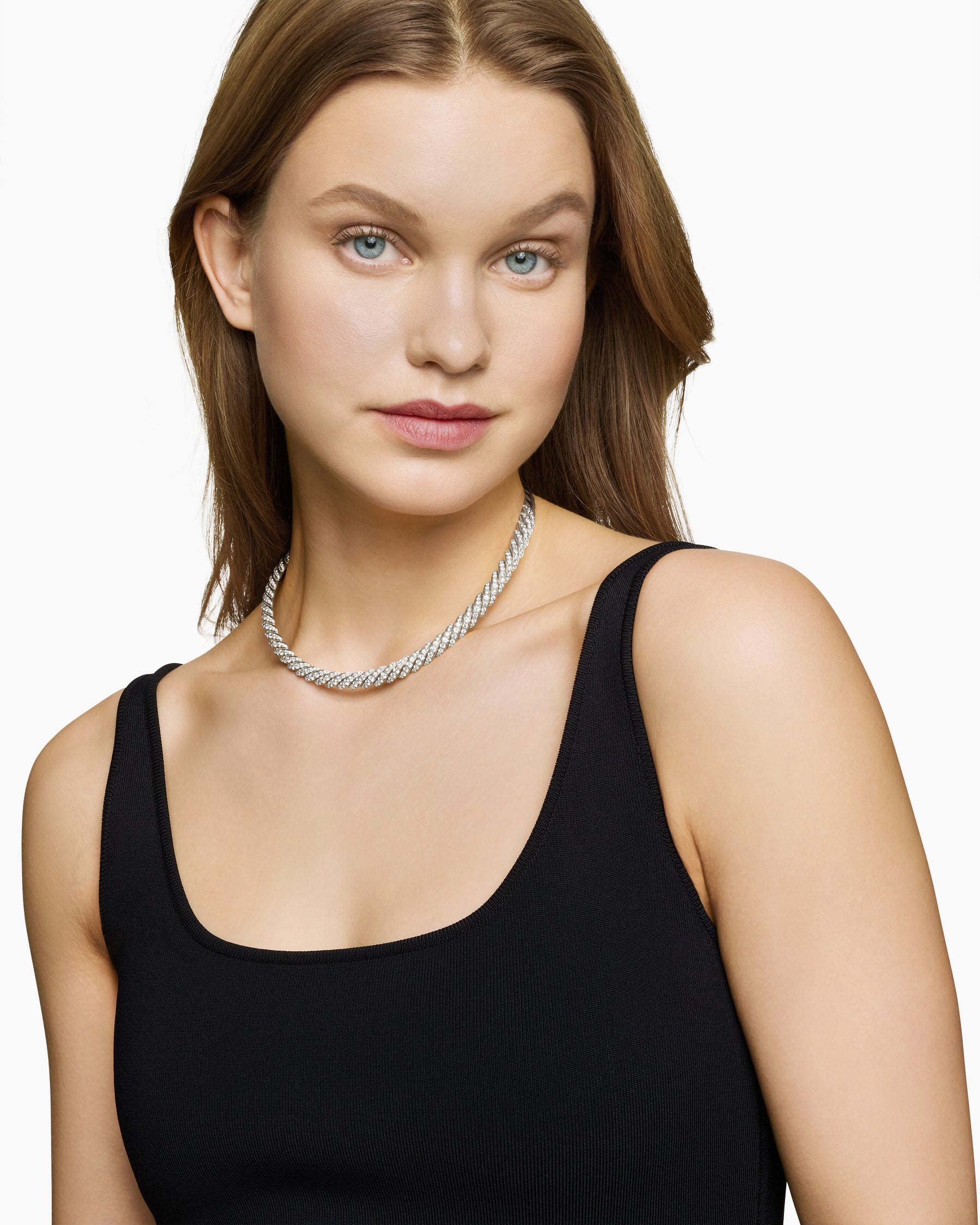 Alternative view of Sculpted Cable Flex Necklace in 18K White Gold with Diamonds, 7.5mm