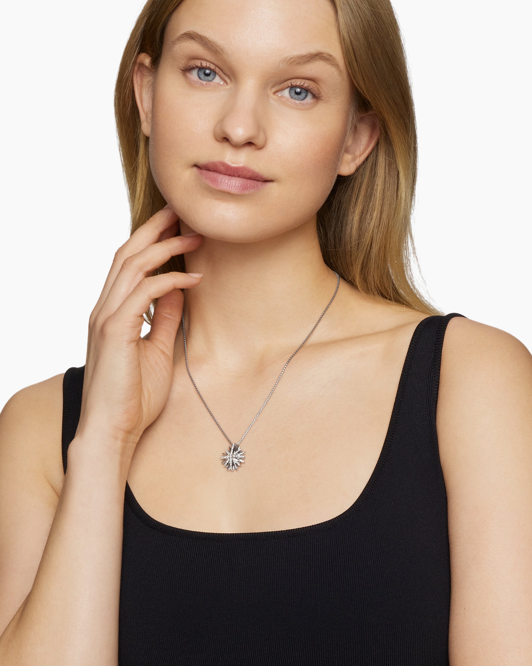 Alternative view of Starburst Pendant Necklace in Sterling Silver with Diamonds, 19mm