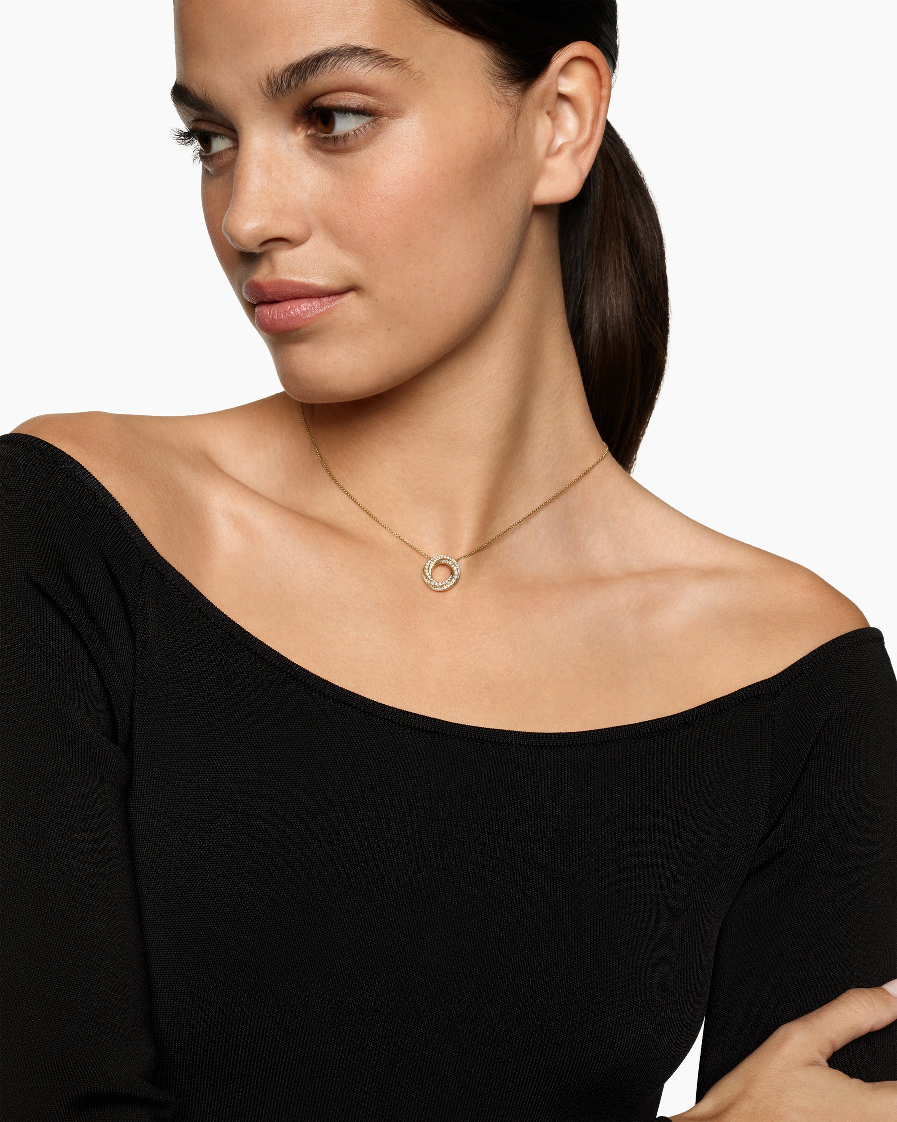 Alternative view of Petite Pavé Crossover Pendant Necklace in 18K Yellow Gold with Diamonds, 15.5mm
