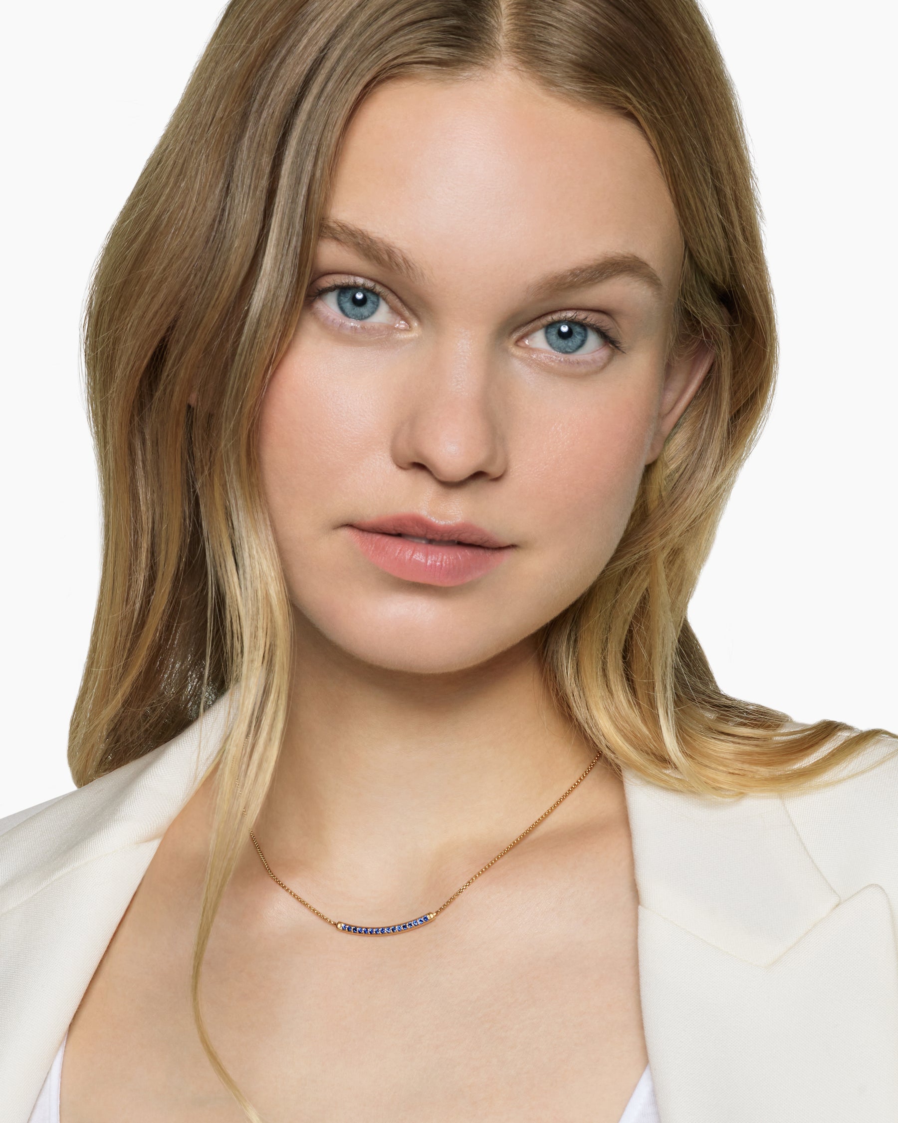 Alternative view of Petite Pavé Bar Necklace in 18K Yellow Gold with Blue Sapphires, 1.25mm