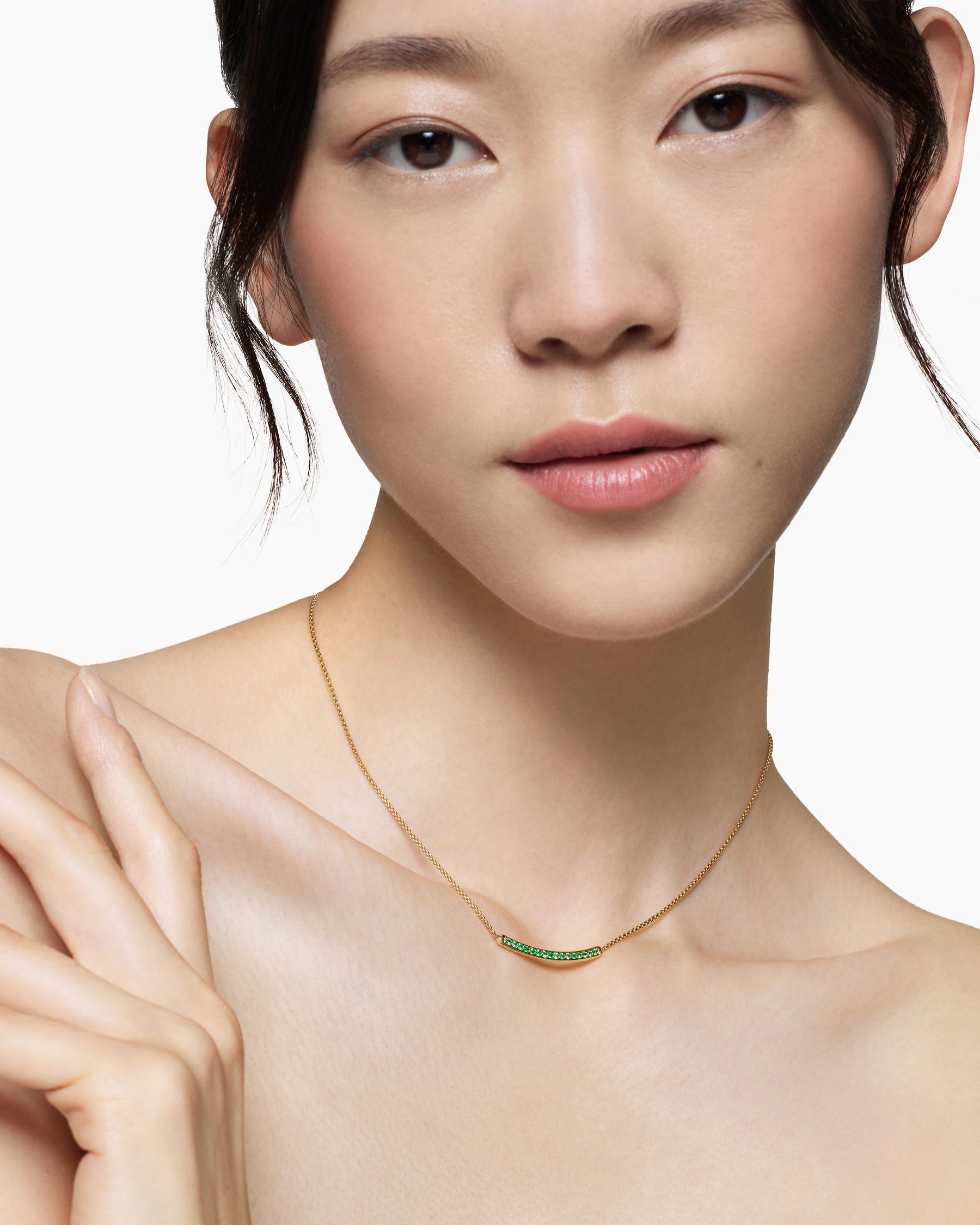 Alternative view of Petite Pavé Bar Necklace in 18K Yellow Gold with Emeralds, 1.25mm