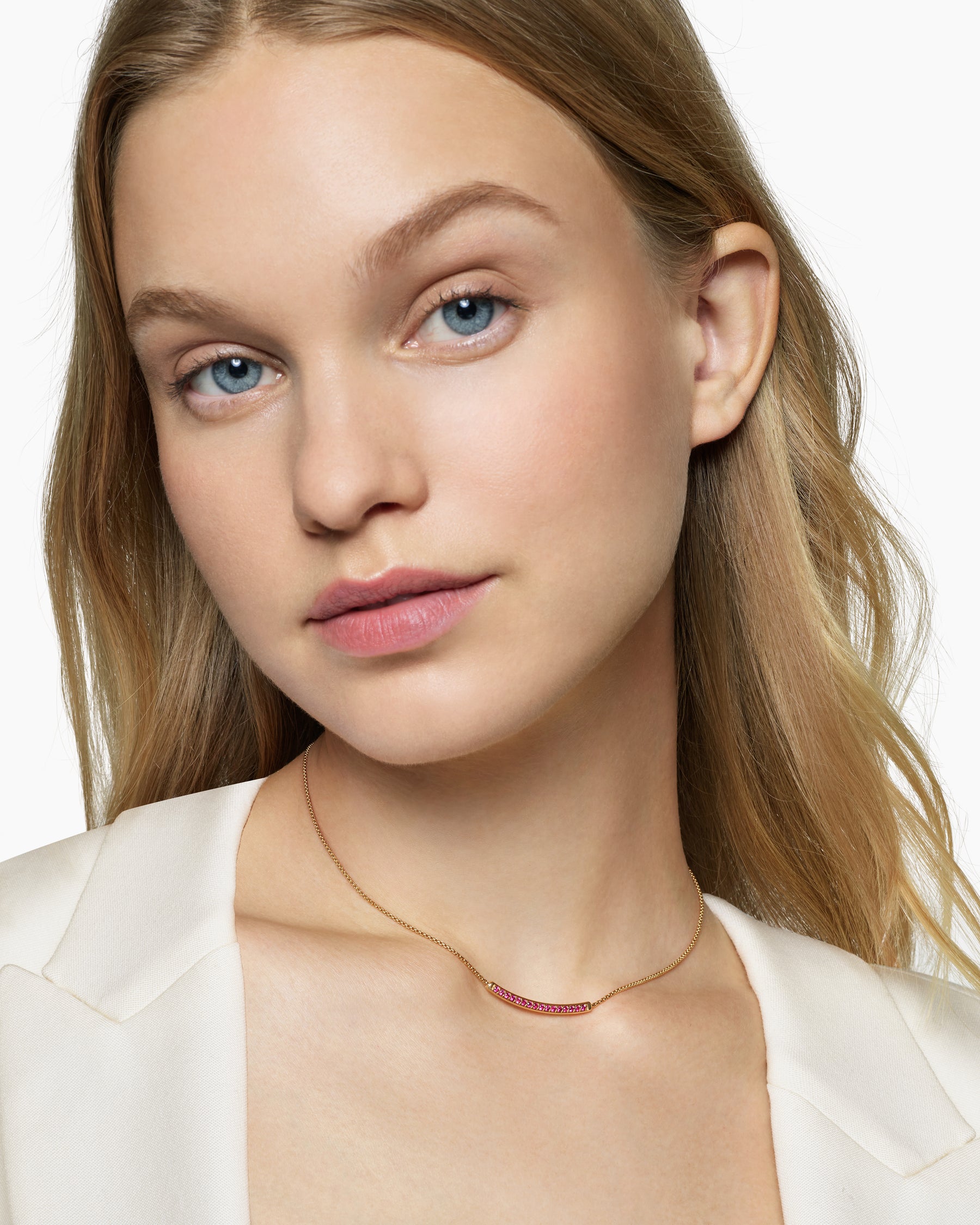 Alternative view of Petite Pavé Bar Necklace in 18K Yellow Gold with Rubies, 1.25mm