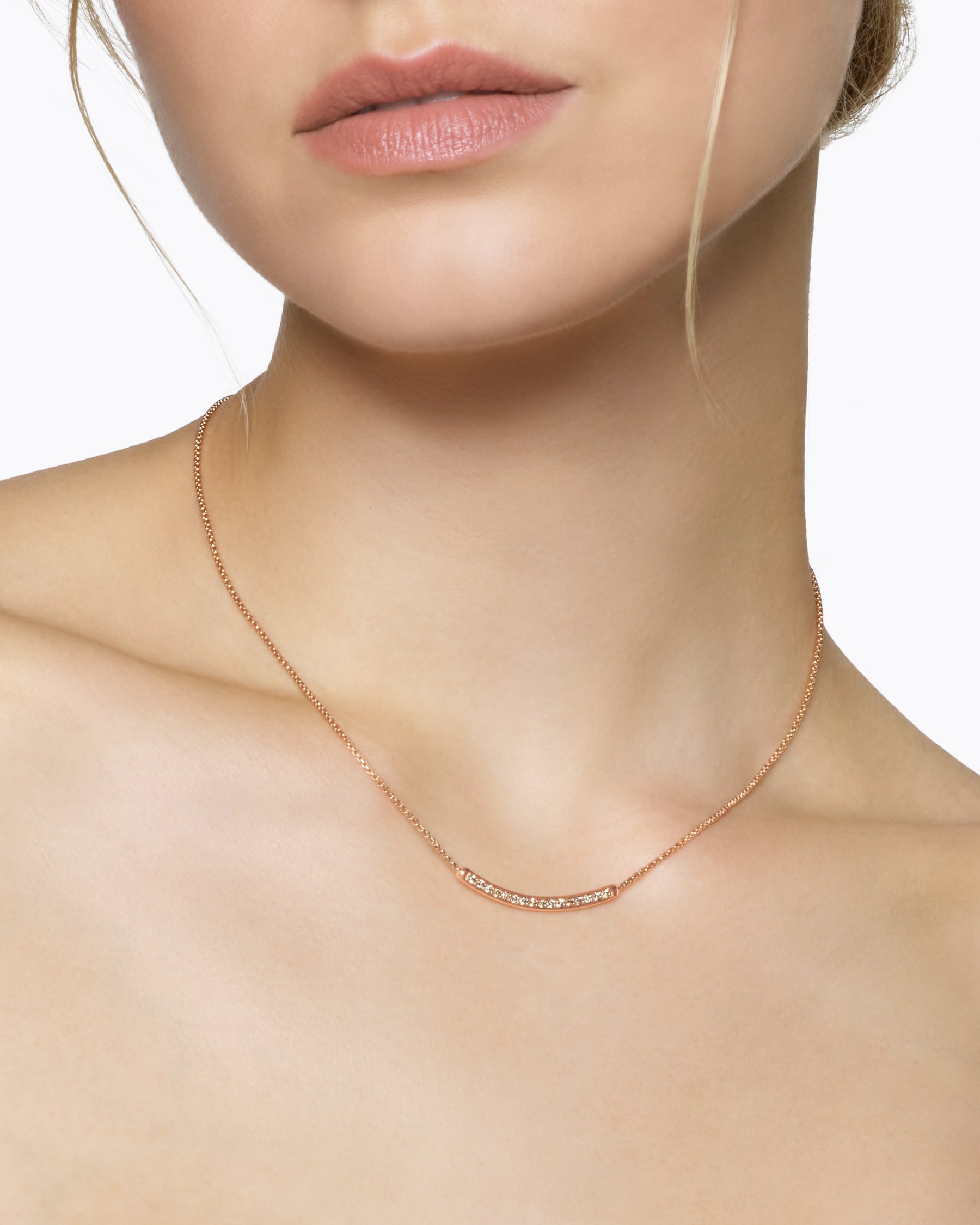 Alternative view of Petite Pavé Bar Necklace in 18K Rose Gold with Cognac Diamonds, 1.25mm