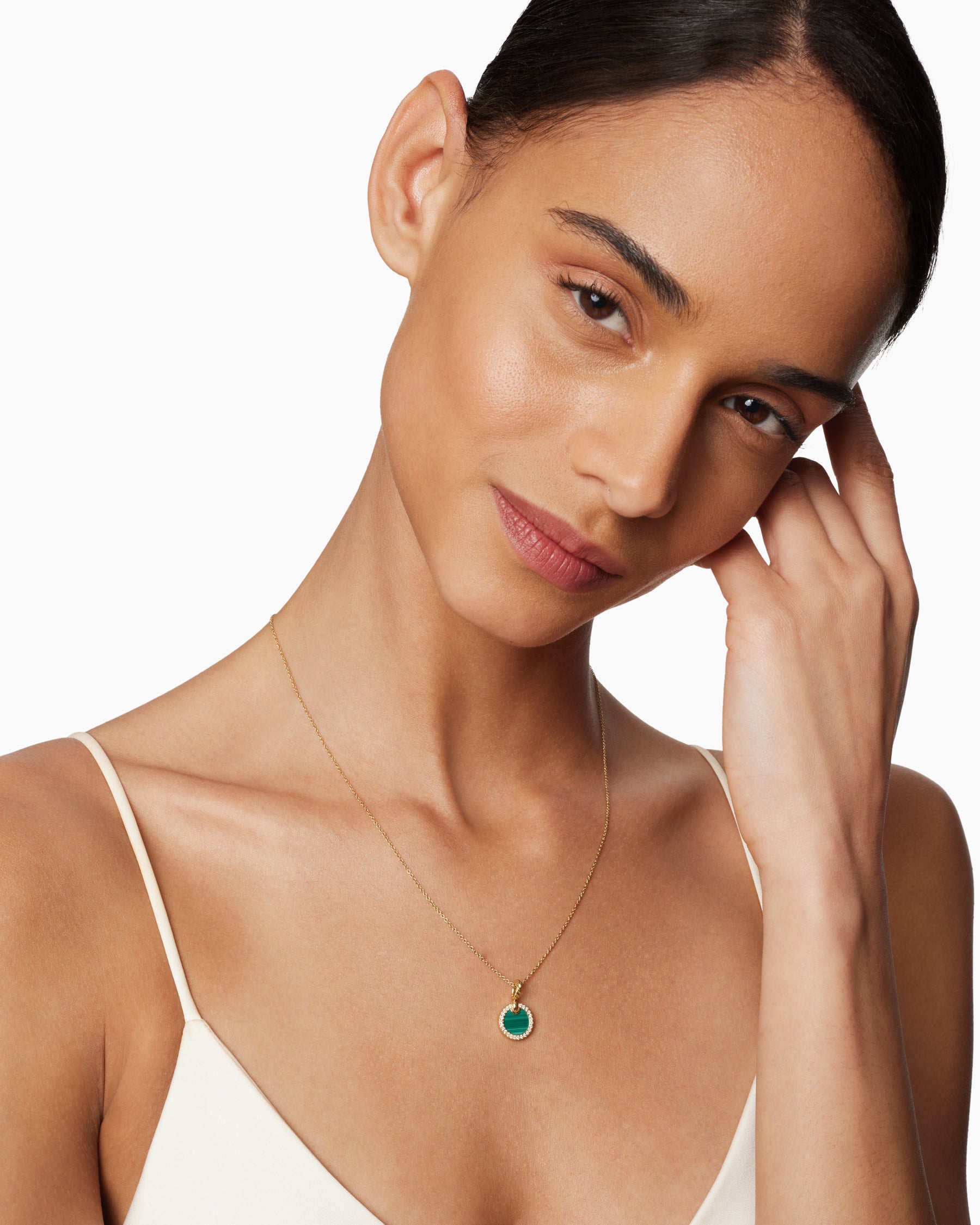 Petite DY Elements Pendant Necklace in 18K Yellow Gold with Malachite and Diamonds, 17.8mm - Image 6
