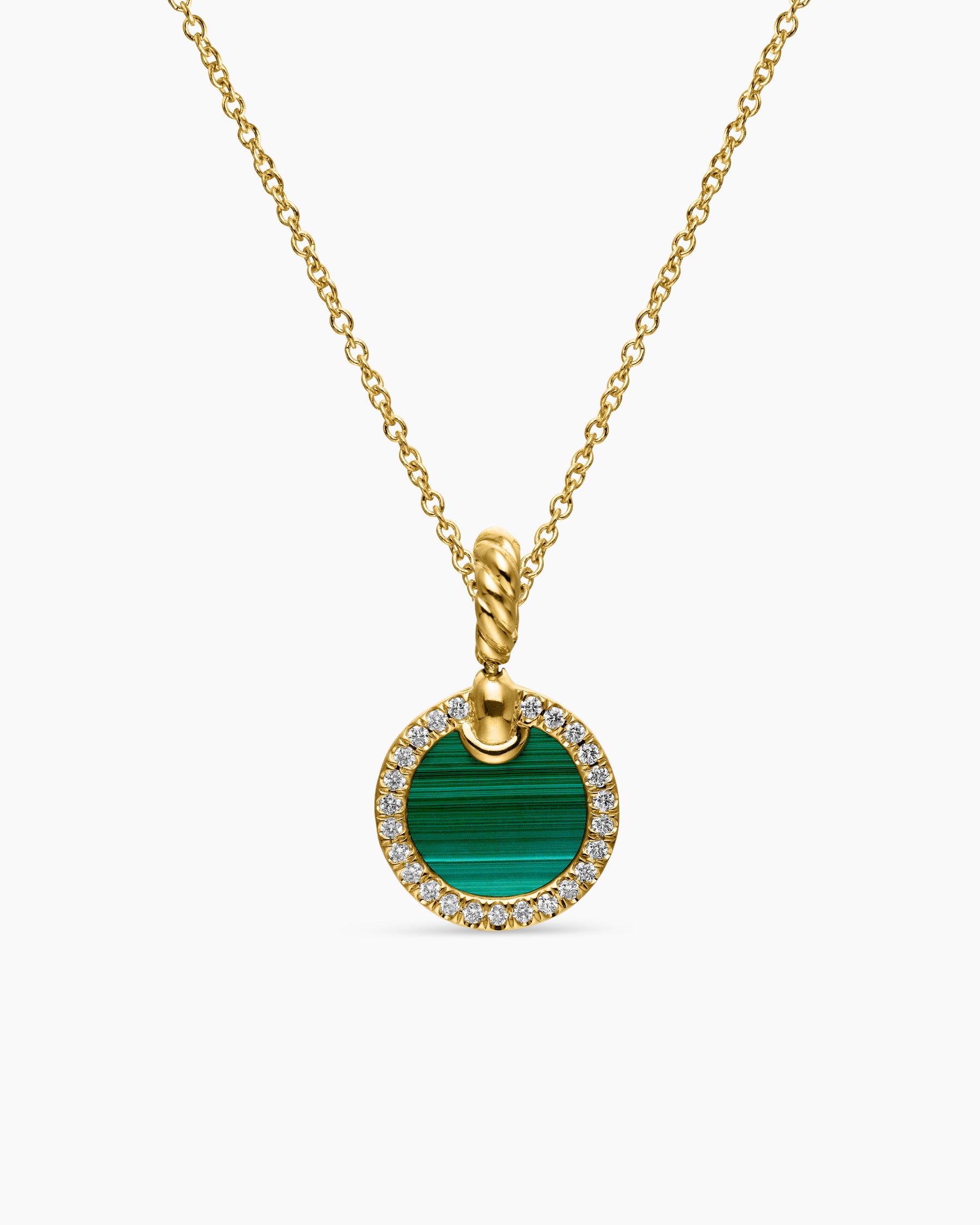 Petite DY Elements Pendant Necklace in 18K Yellow Gold with Malachite and Diamonds, 17.8mm