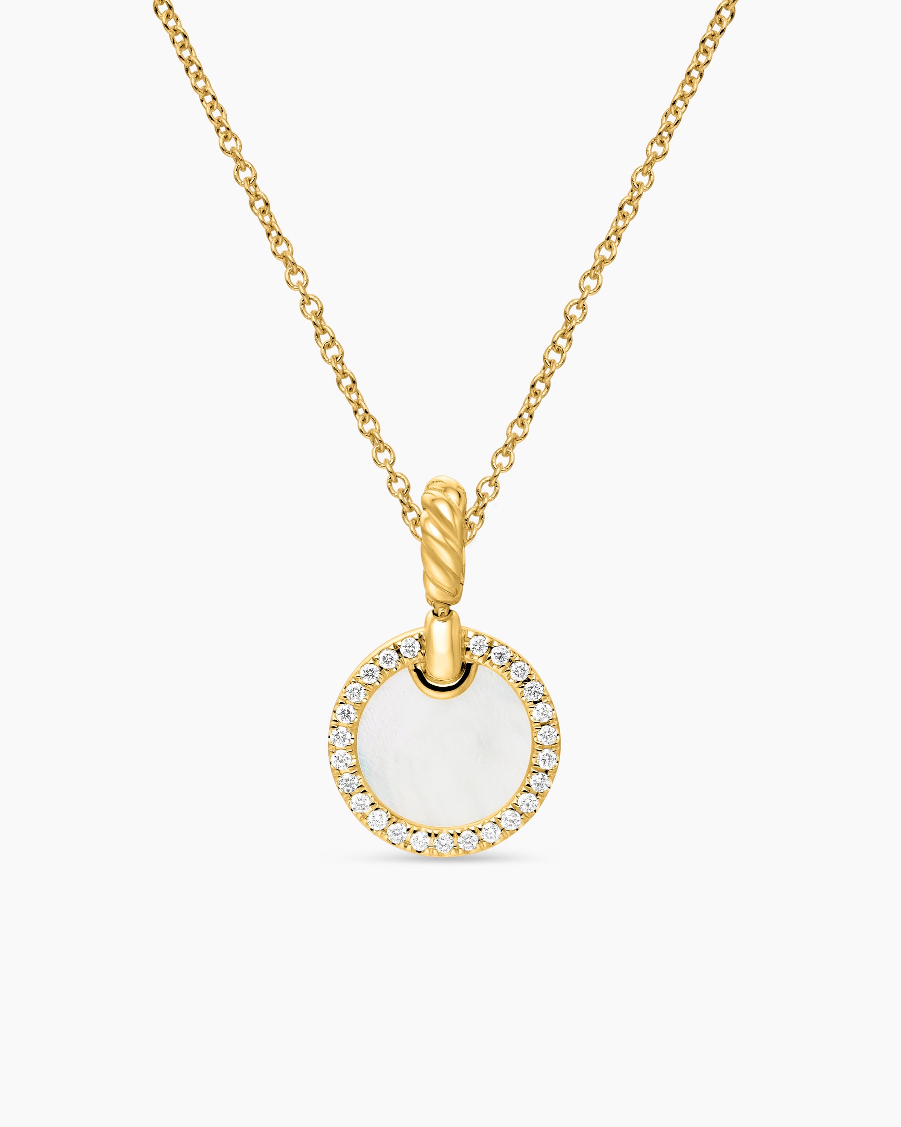 Petite DY Elements Pendant Necklace in 18K Yellow Gold with Mother of Pearl and Diamonds, 17.8mm