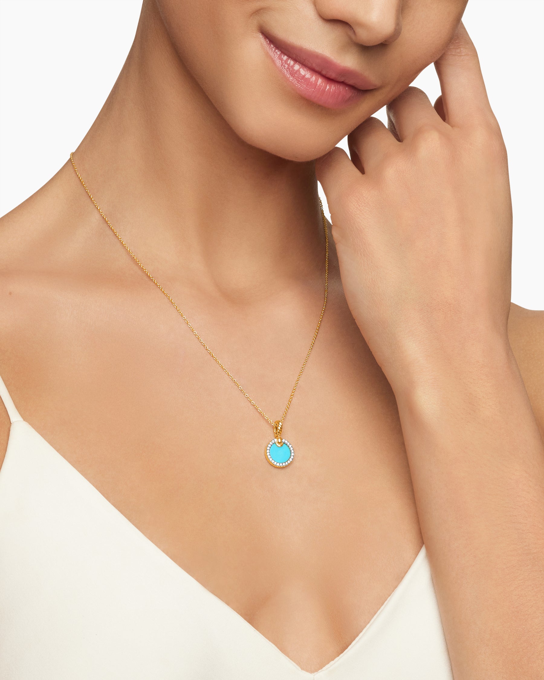 Alternative view of Petite DY Elements Pendant Necklace in 18K Yellow Gold with Turquoise and Diamonds, 17.8mm