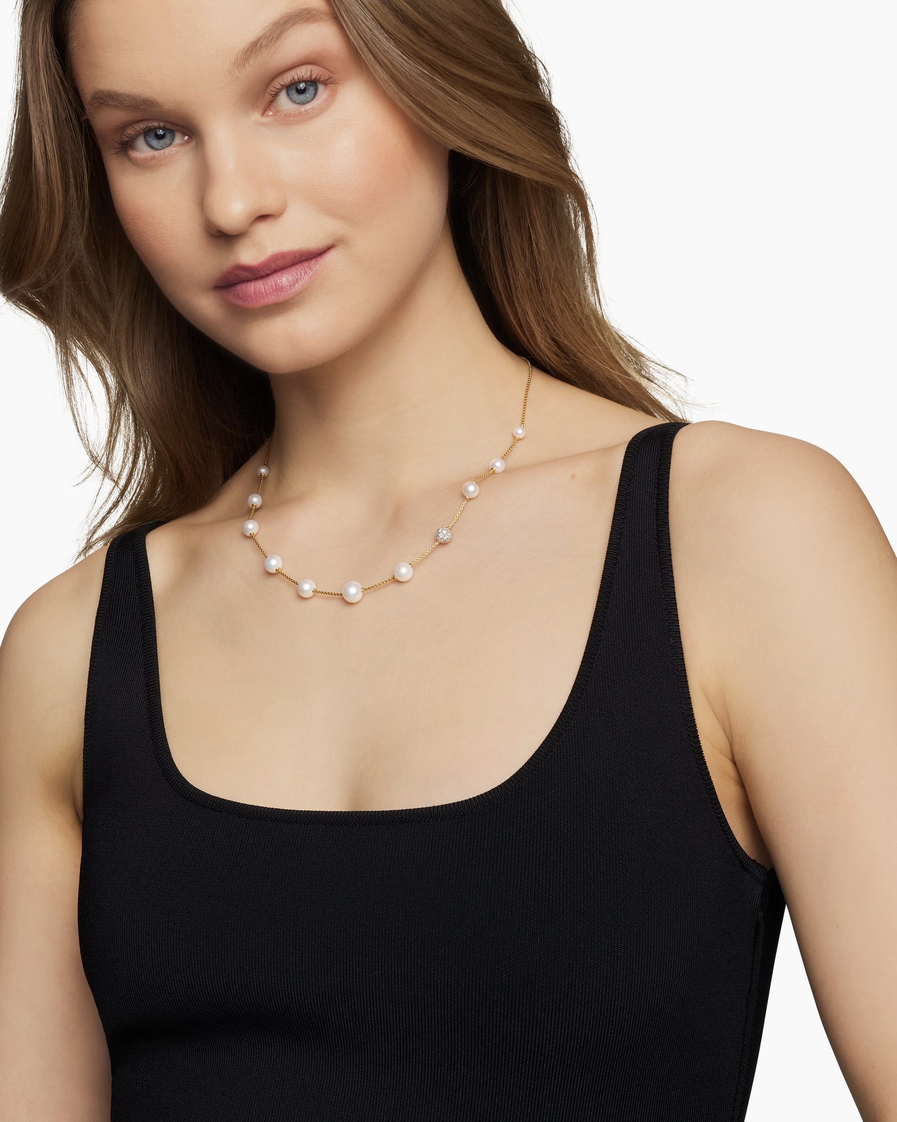 Alternative view of Pearl and Pavé Station Necklace in 18K Yellow Gold with Pearls and Diamonds