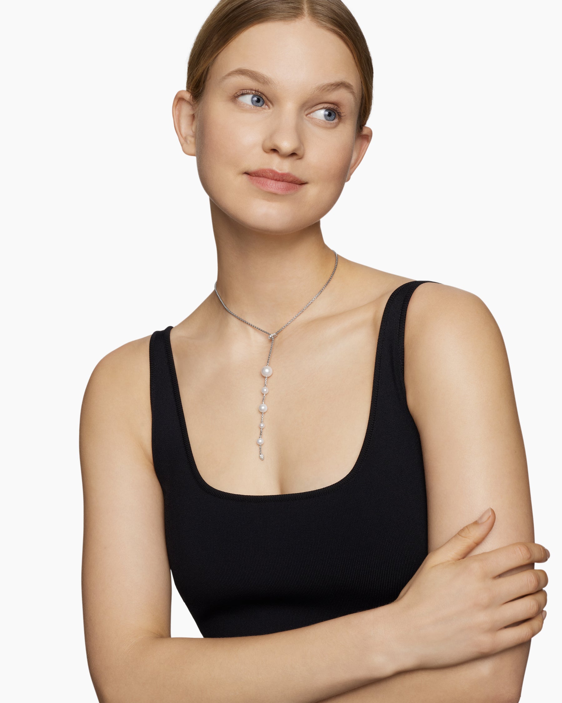 Alternative view of Pearl and Pavé Y Necklace in Sterling Silver with Pearls and Diamonds