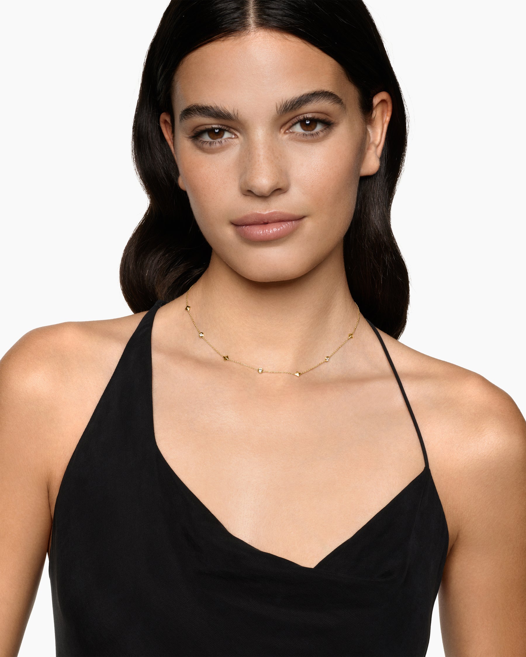 Alternative view of Petite Modern Renaissance Pyramid Station Necklace in 18K Yellow Gold with Diamonds, 4.6mm