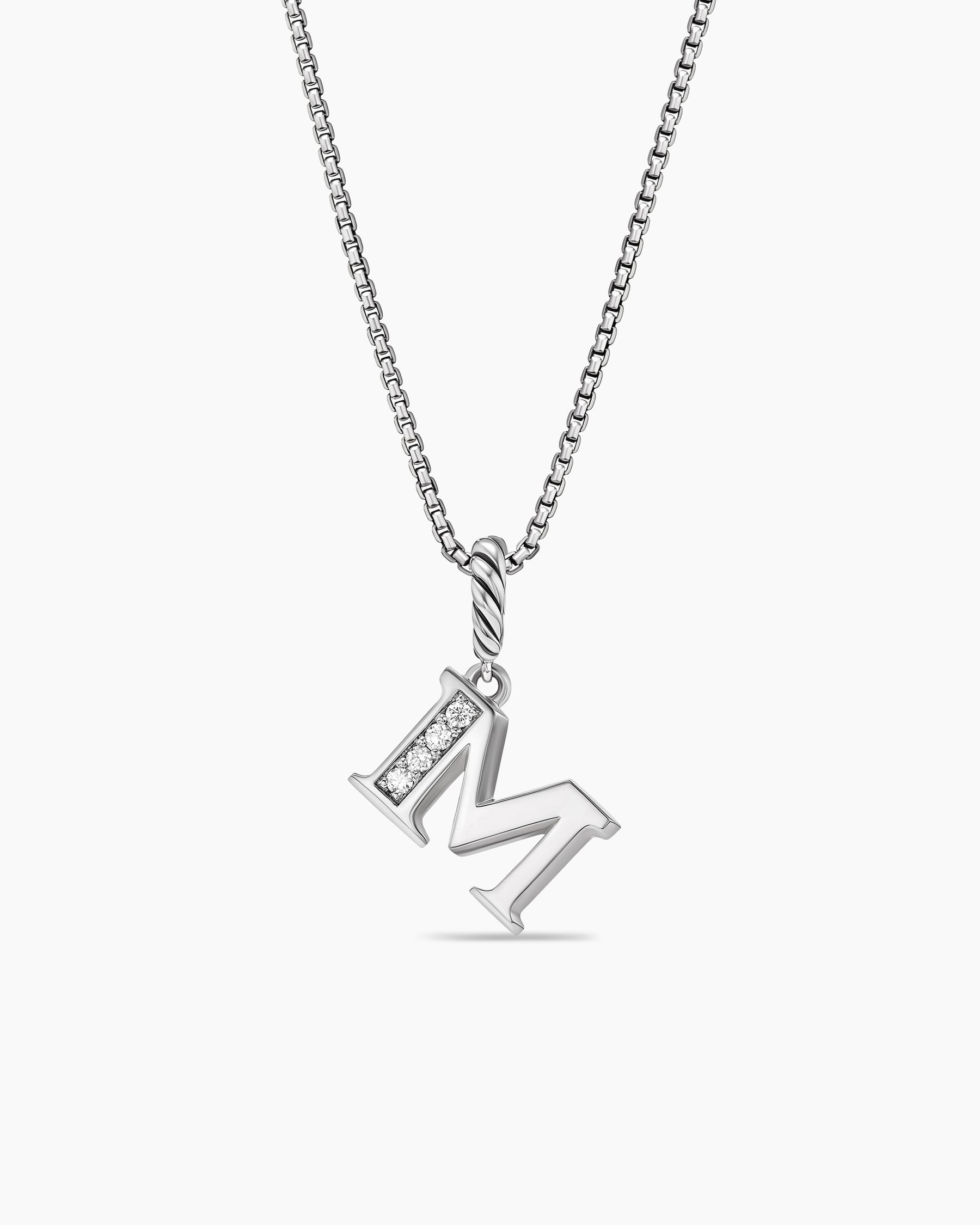 Pavé Initial Pendant Necklace in Sterling Silver with Diamond M
