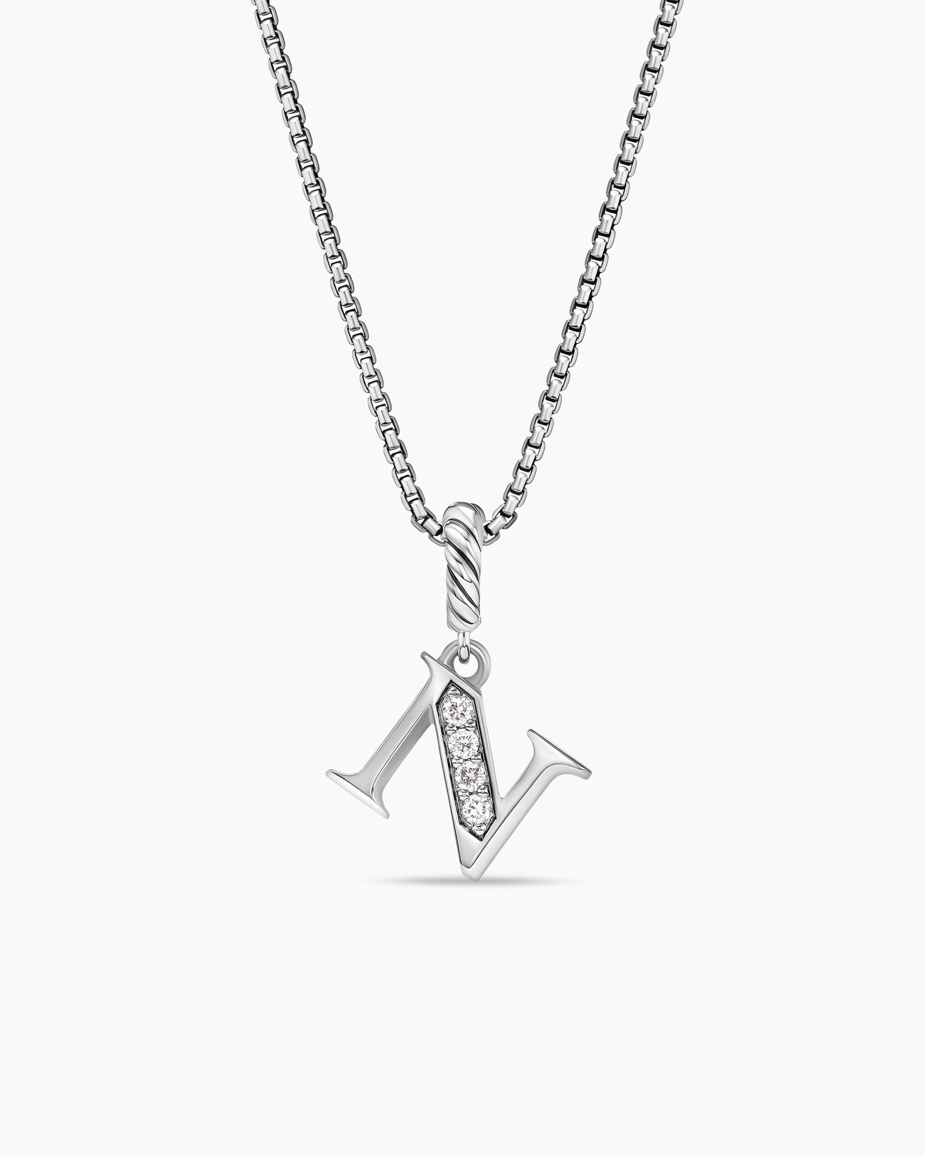 Pavé Initial Pendant Necklace in Sterling Silver with Diamond N