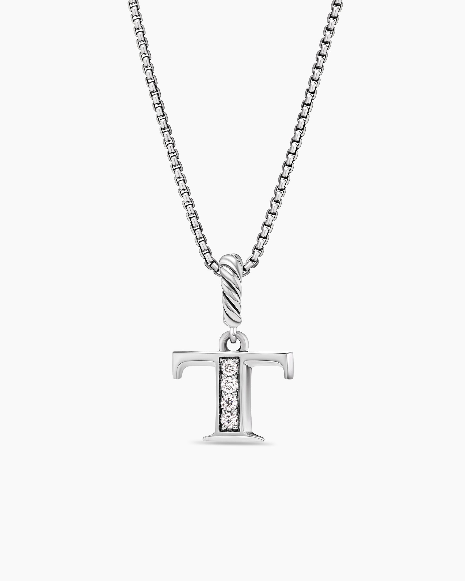 Pavé Initial Pendant Necklace in Sterling Silver with Diamond T
