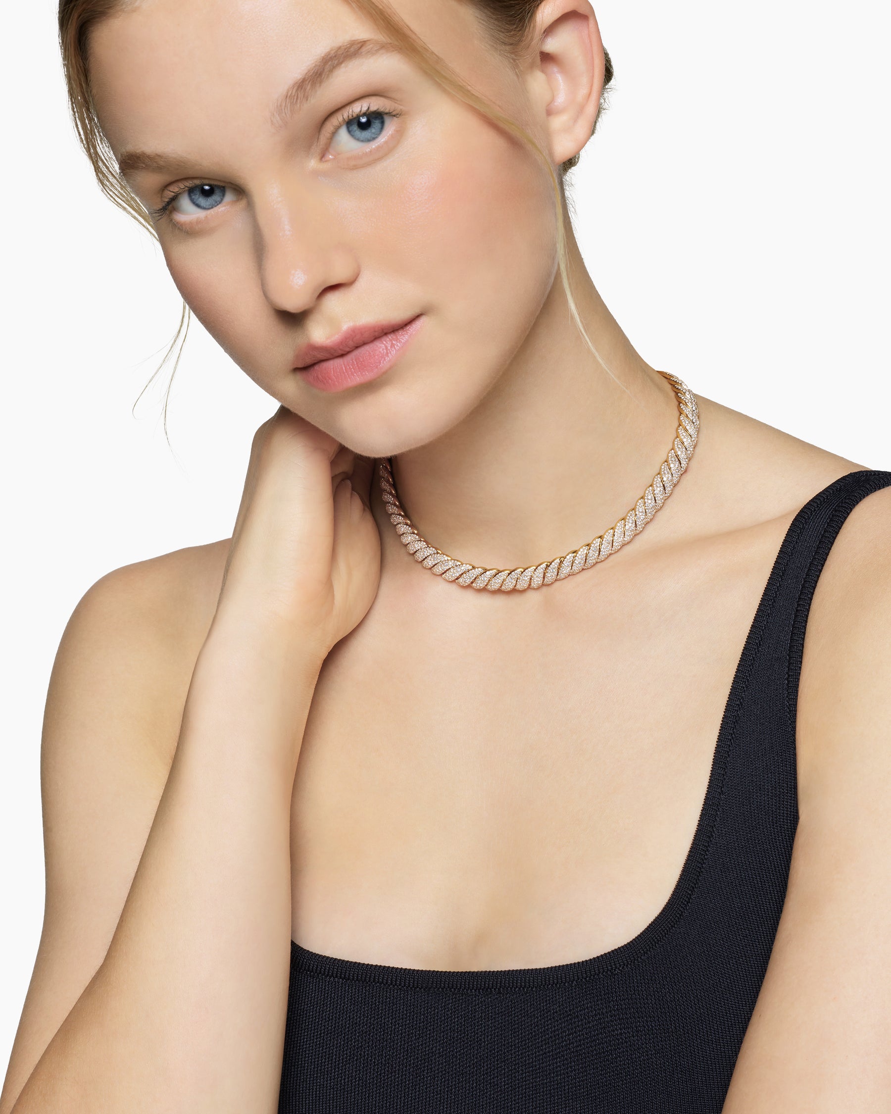 Alternative view of Sculpted Cable Necklace in 18K Yellow Gold with Diamonds, 8.5mm