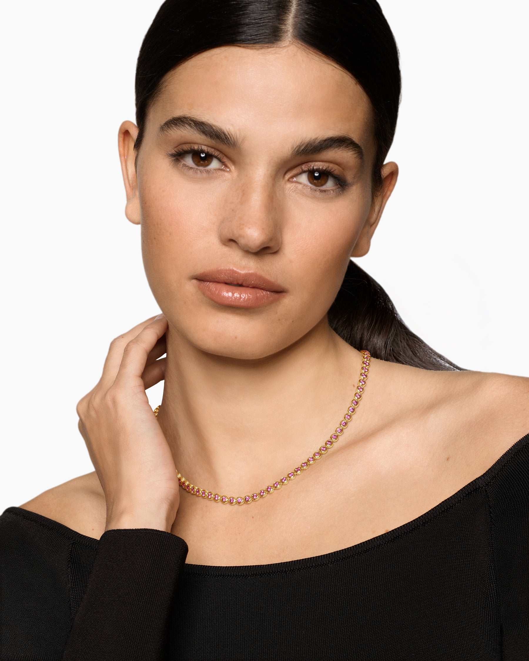 Alternative view of Bezel Set Tennis Necklace in 18K Yellow Gold with Pink Tourmalines, 4.7mm