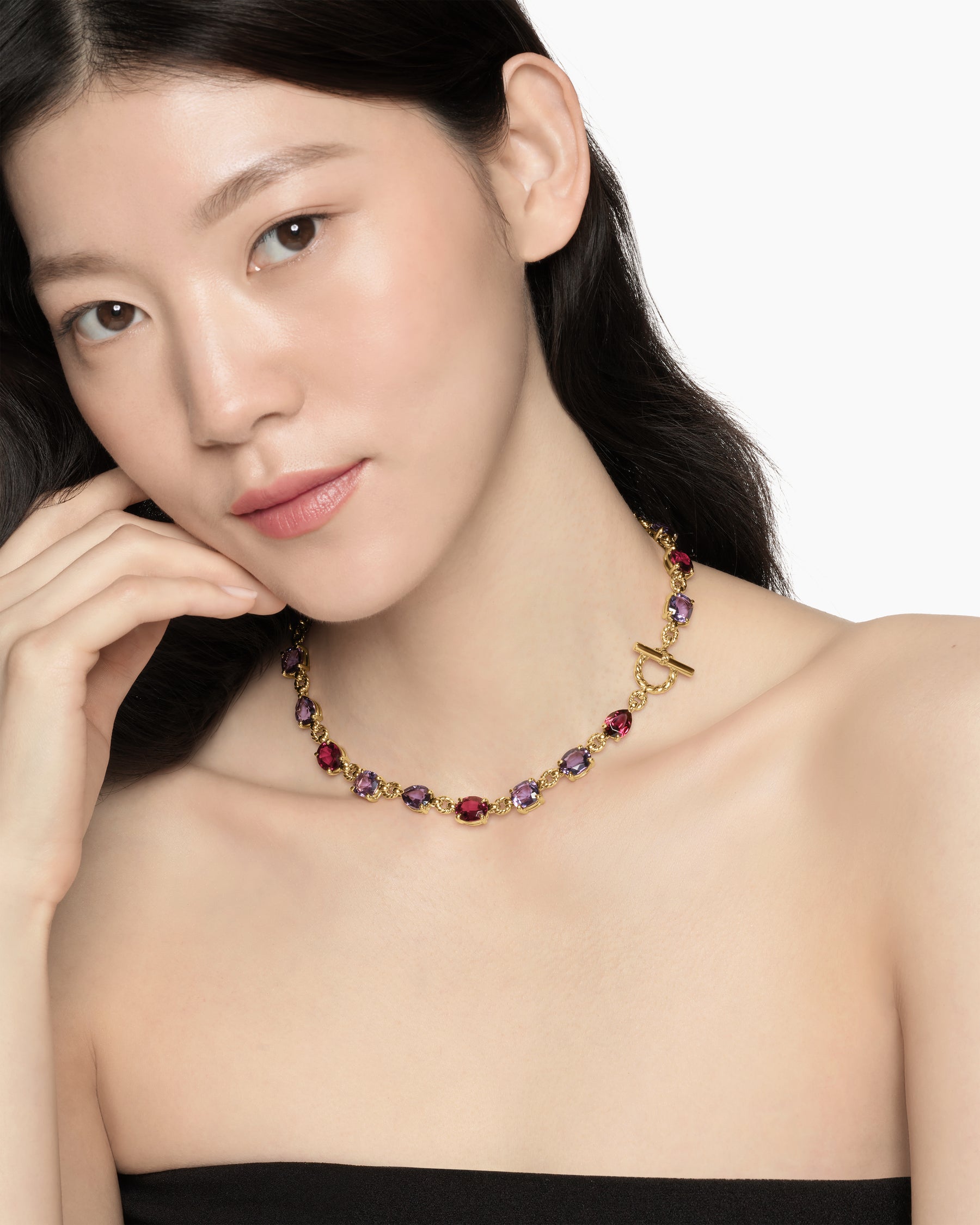 Alternative view of Marbella Toggle Necklace in 18K Yellow Gold with Amethyst and Rhodolite Garnet